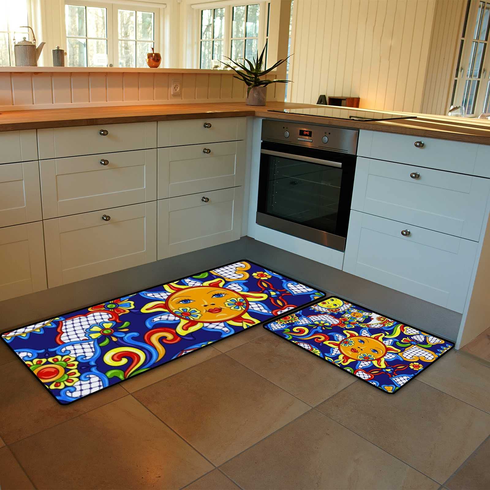 Kuizee Kitchen Mat Set of 2 Pieces Anti Fatigue Rugs Mexican Talavera Sun Traditional Decorative Soft Water Absorbent Non-Slip Standing Mats Kitchen Decor Floor,17.7