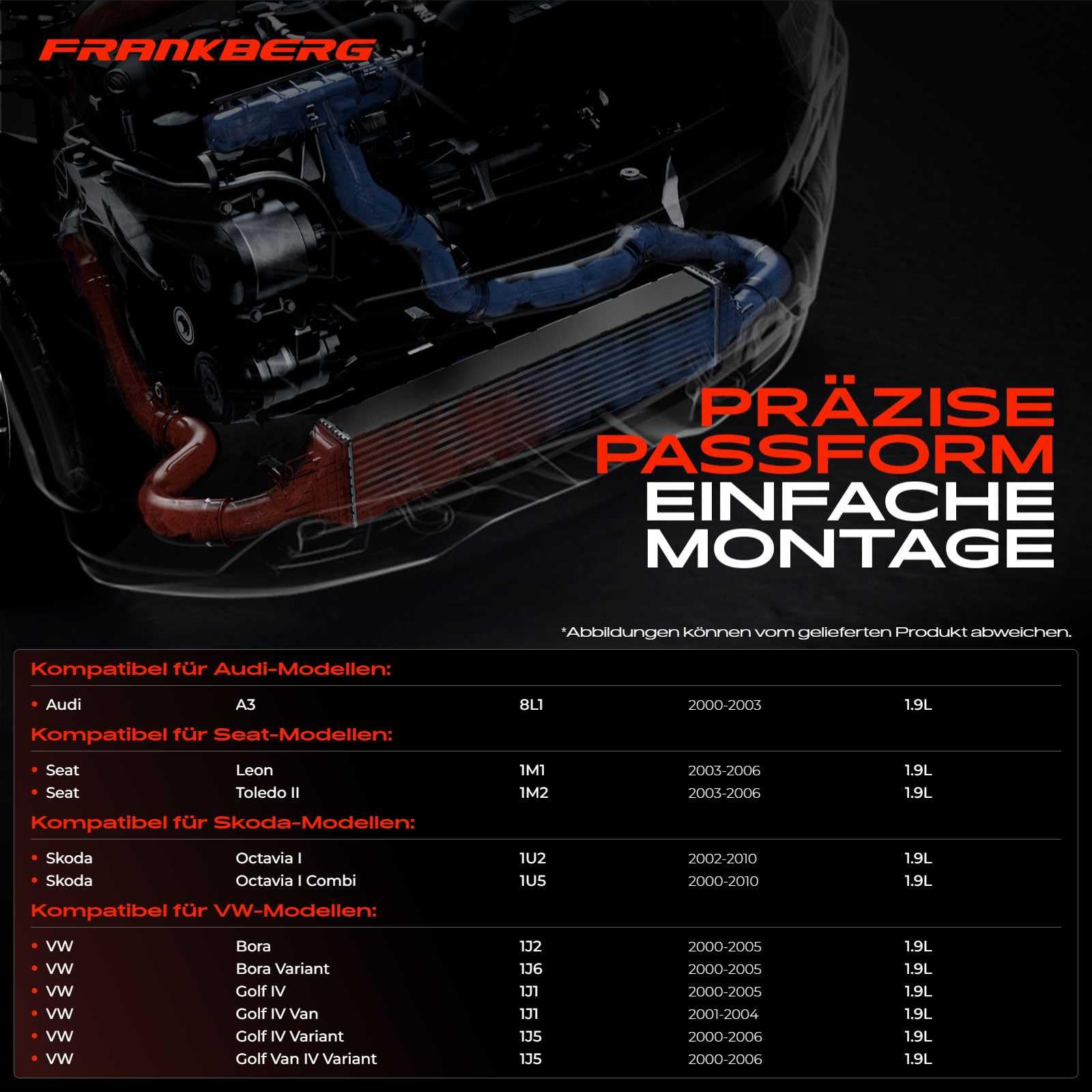 Frankberg Chłodnica powietrza do ładowania, turbo kompatybilna z A3 2000-2003 Leon 2003-2006 Toledo II 2003-2006 Octavia I 2000-2010 B.o.r.a 2000-2005 Golf 2006