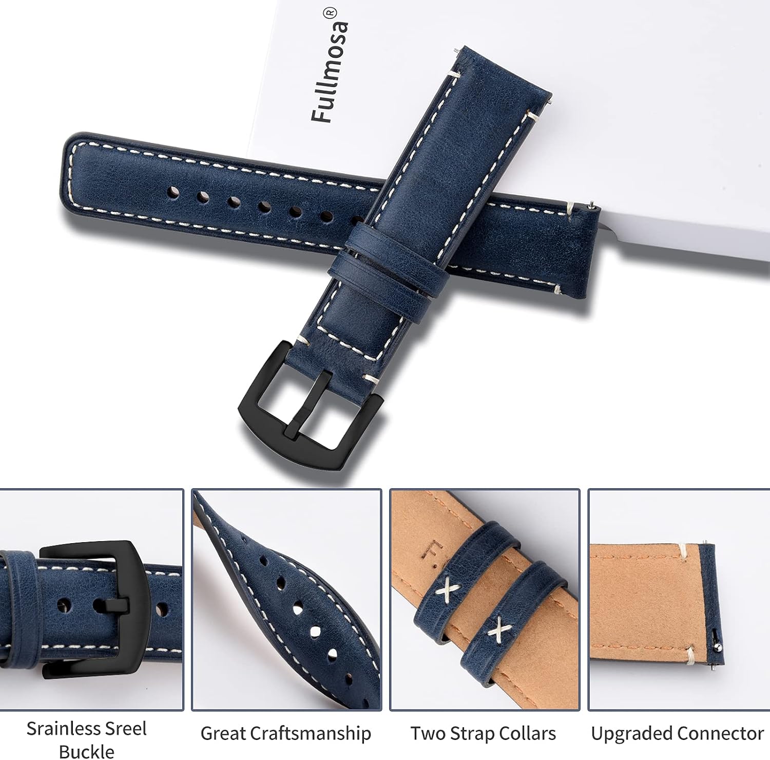 Fullmosa Leather Watch Strap 20mm Quick Release Leather Watch Band,Replacement Straps for Men/Women,Dark Blue+smoky Grey Hardware - Image 3