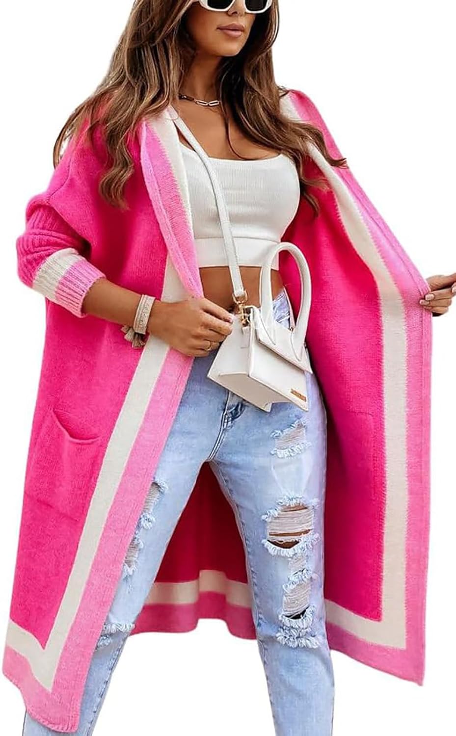 utcoco Women's Oversized Hooded Cardigan Sweaters Color Block Open Front Long Sweater Coat Outwear with Pockets
