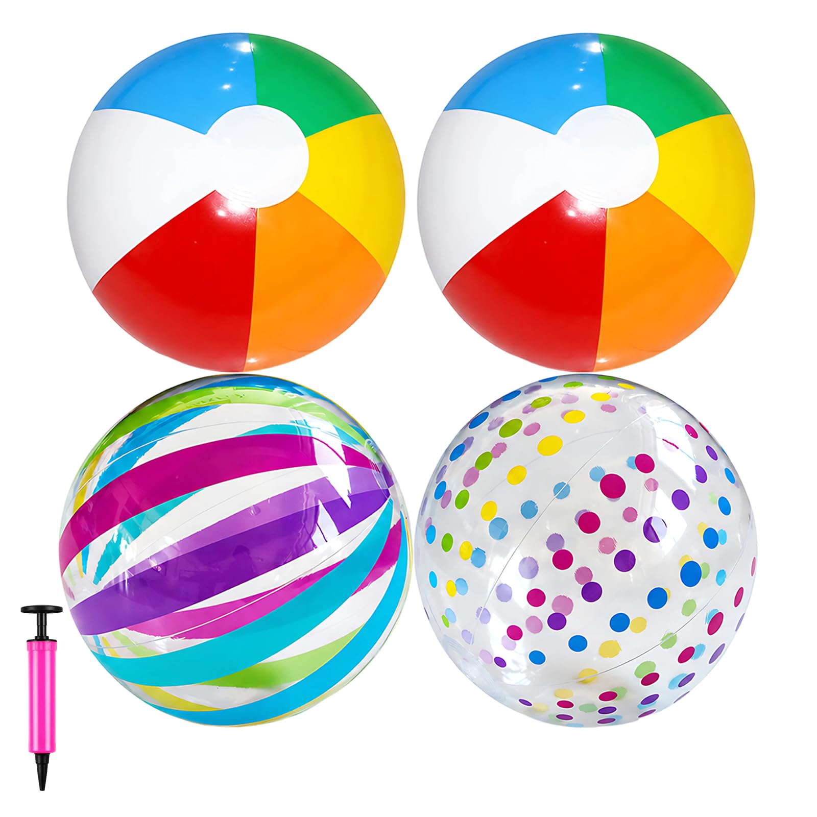 XLTXWD 5 Pcs Beach Ball Set, Rainbow Polka Dot Inflatable Beach Ball with Air Pump, Transparent Colourful Inflatable Balls for Beach Pool Party Decor Summer Outdoor Activities