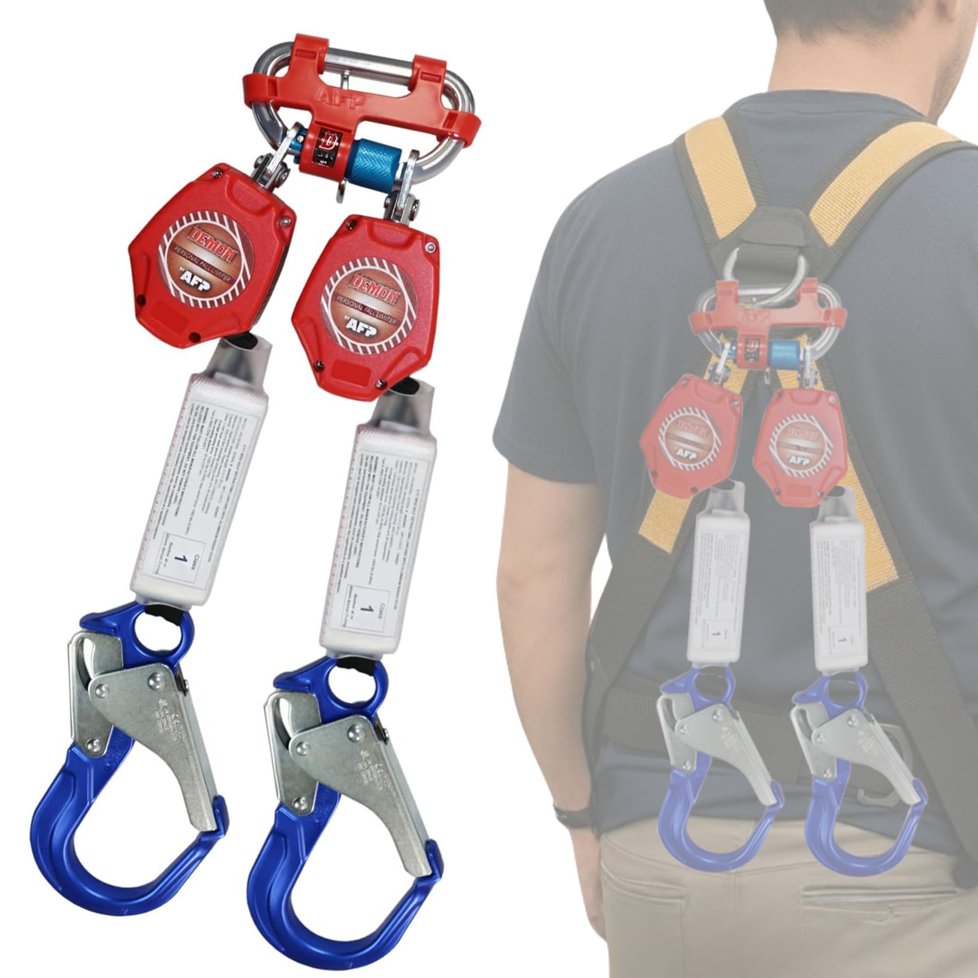 AFP Demon 6 Foot Double Web Leg Self Retracting Lifeline Safety Yoyo, Shock Pack Absorber, Aluminum Rebar Pelican Hook & Aluminum Carabiner Fall Protection Arrest Limiter SRL | OSHA & ANSI Rated
