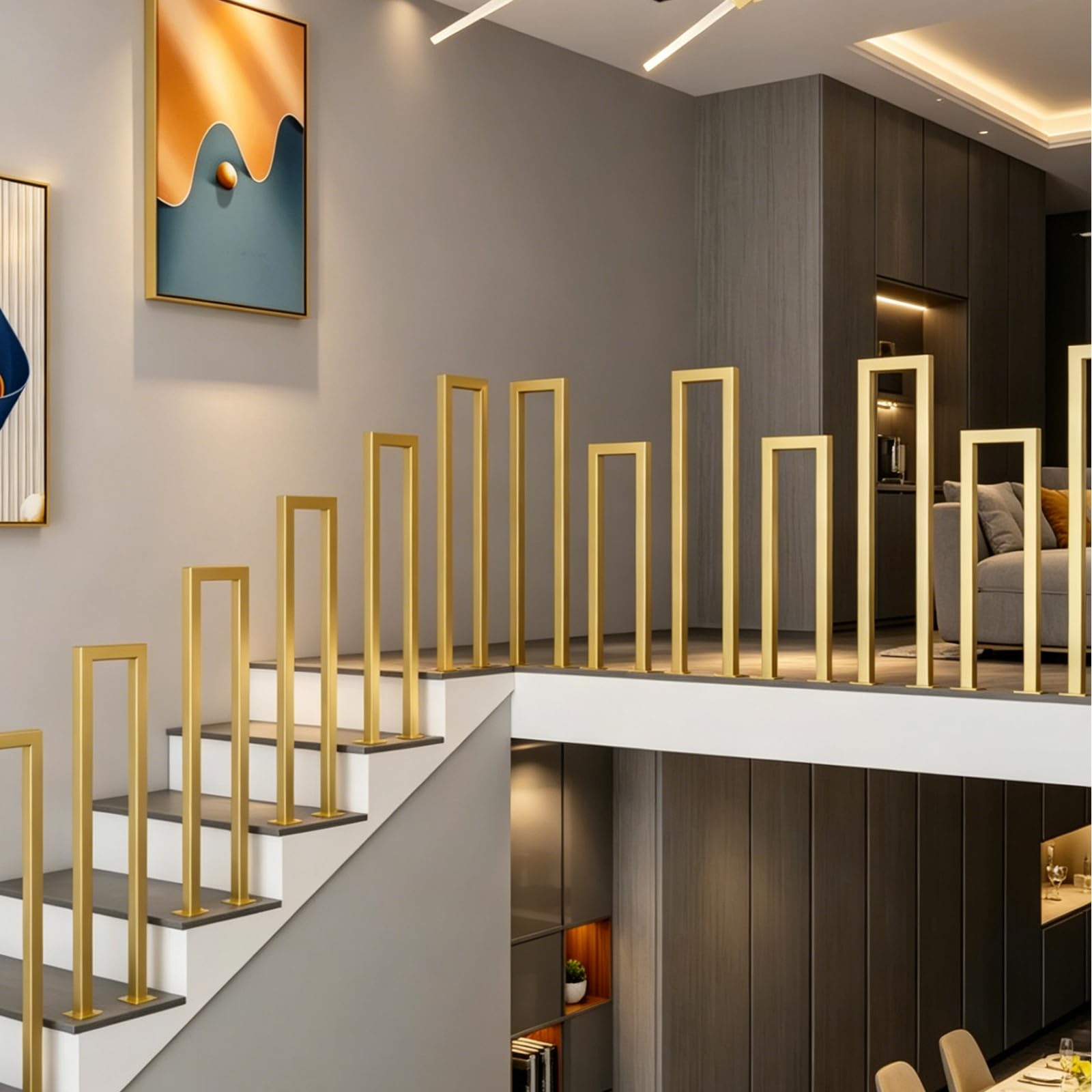 Thalassa Handrails for Stairs, Industrial Stair Railing Handrail, Right Angle Gold, Gold Wrought Iron Banister Guardrail, Stair Railing Transitional Handrail, Handrails for Outdoor Steps
