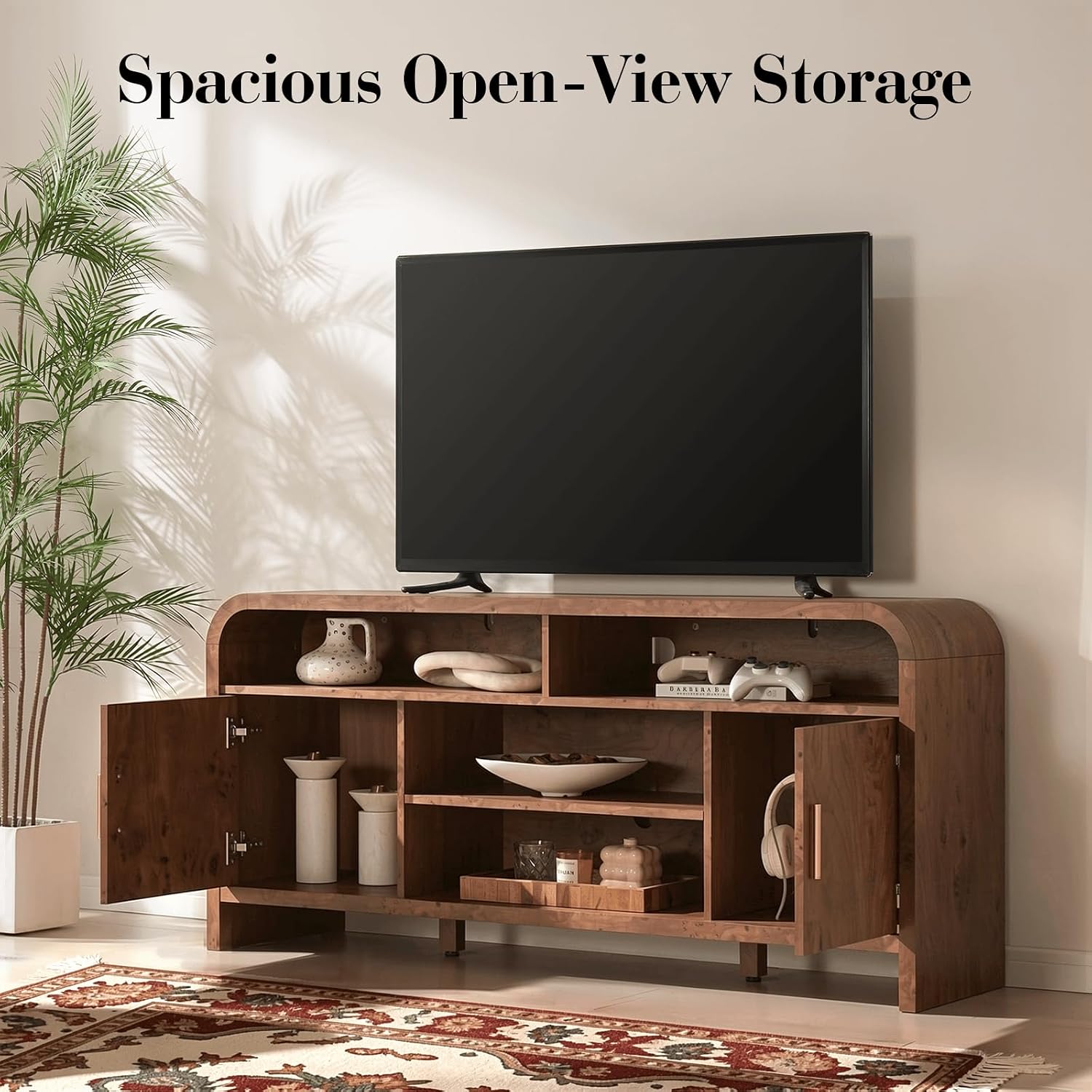 TV Stand for TVs Up to 65'' - [Unique Curved Profile, FSC-Certified Wooden Board] Entertainment Center with Adjustable Shelves and Storage Cabinet Modern Media Console for Living Room