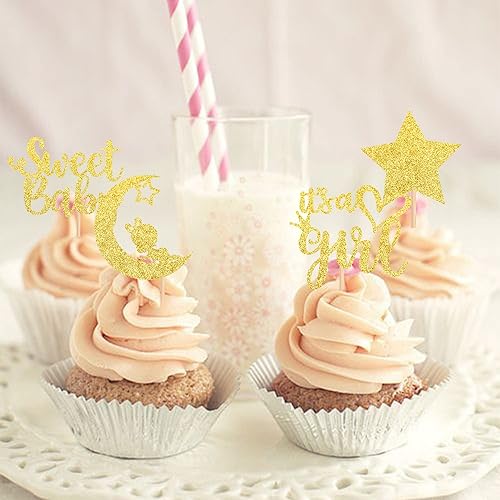 Miniatura 7 de 36 piezas de decoración para cupcakes para baby shower con luna con purpurina y estrella It's a Girl Sweet Baby Reveal para cupcakes Baby Shower