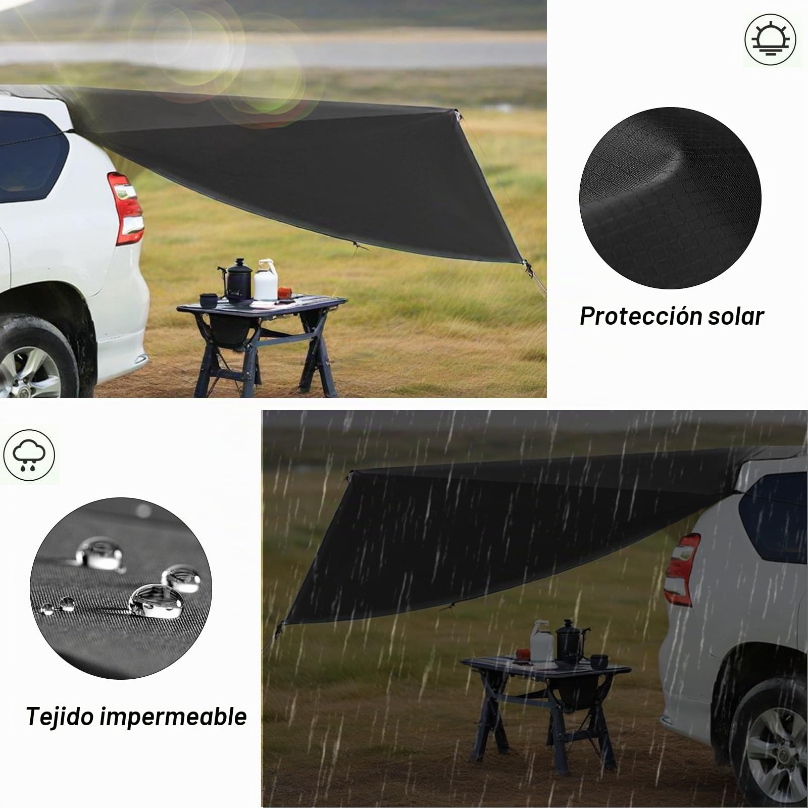 Toldo de coche para portón trasero de 280 x 380 cm, impermeable, impermeable, tienda de campaña trasera para coche, furgoneta o caravana (negro)