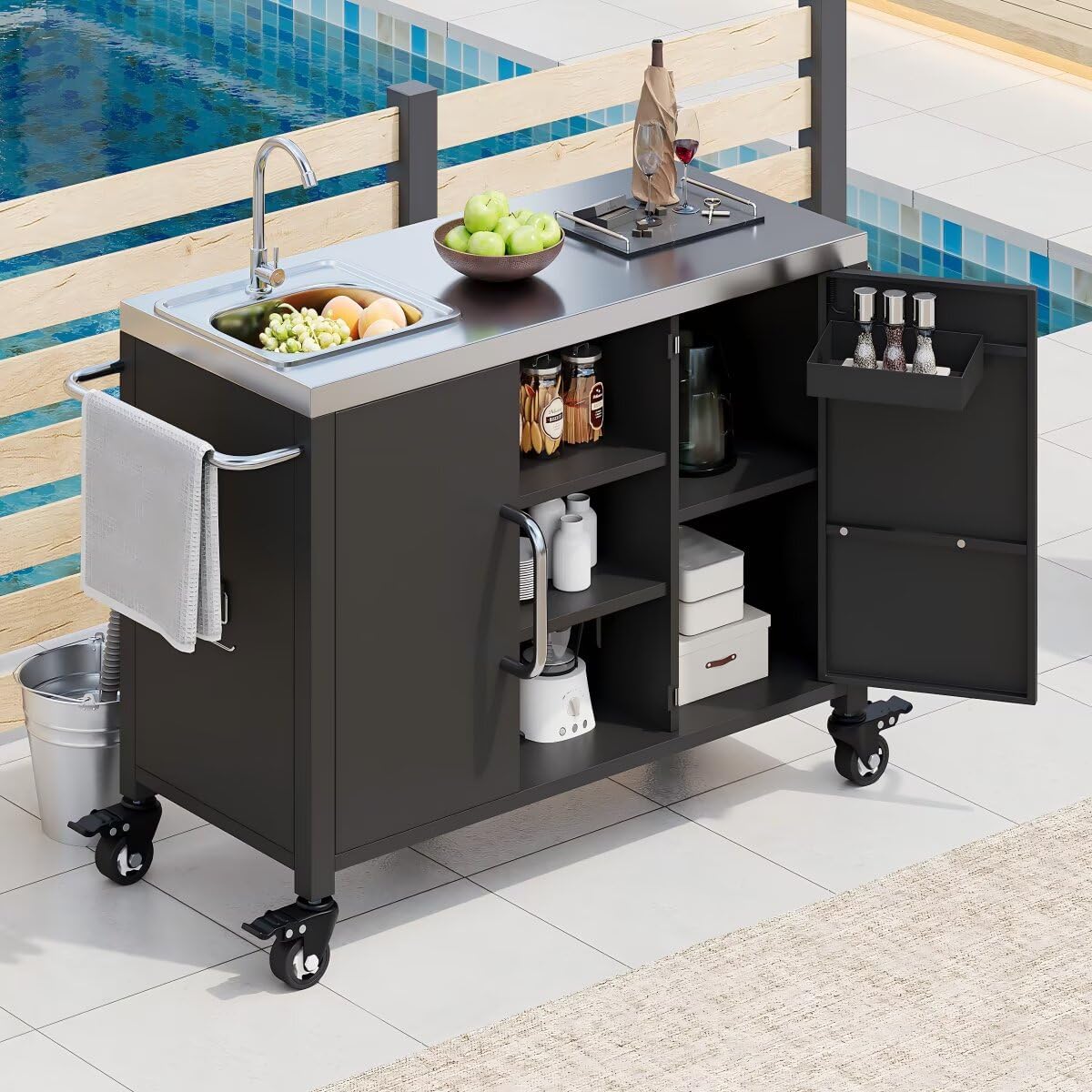 55.5" Black Kitchen Island with Sink, Metal Grill Cart Table with 304 Stainless Steel Sink, Outdoor Patio Bar Cart Sink Station with 4 Lockable Wheels for Pizza Prep L 55.5" x W 20" H 36.7"