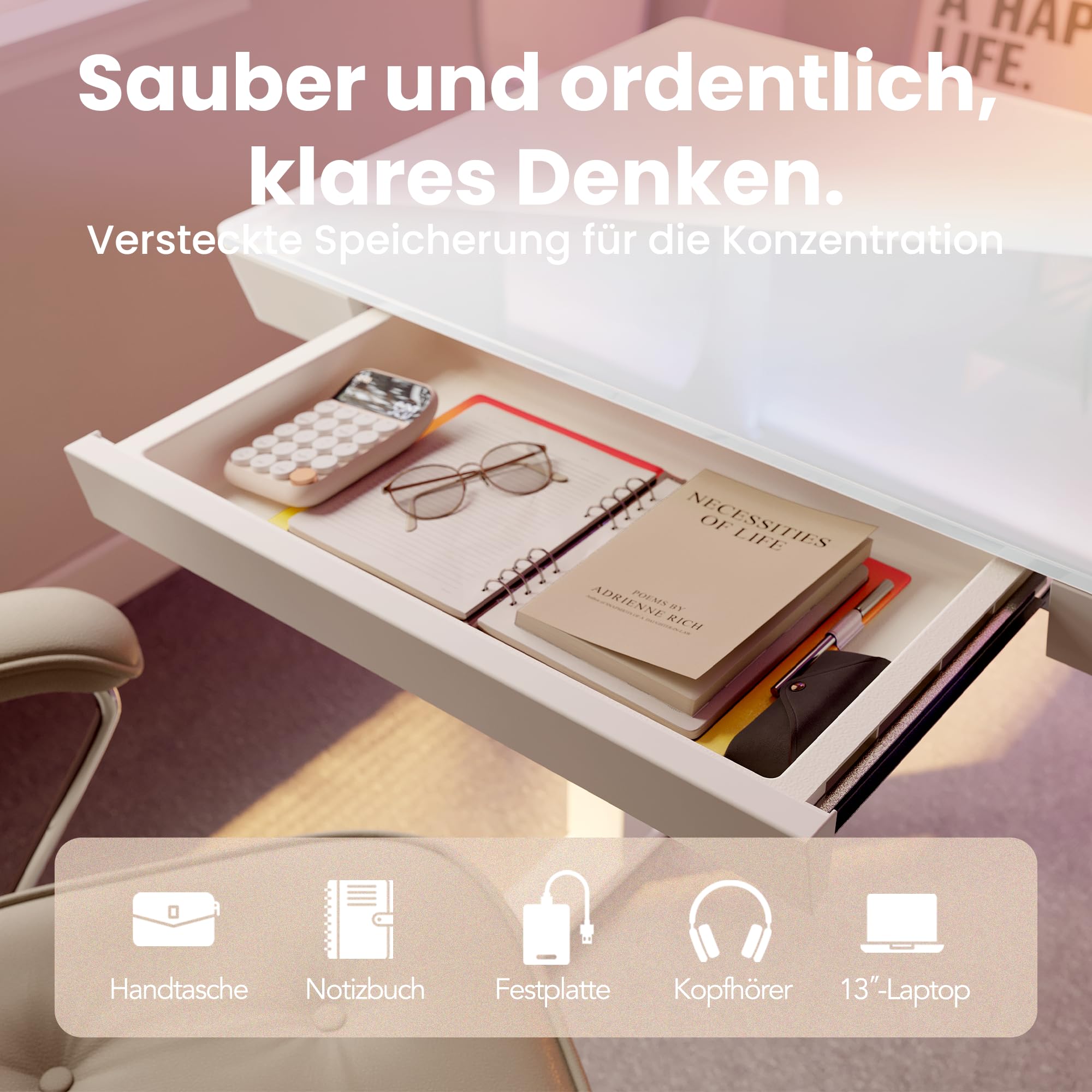 HUANUO 88 x 50 cm Glas Höhenverstellbarer Schreibtisch mit Schublade, Höhenverstellbarer Schreibtisch Ganze Tischplatte, USB-Aufladeanschluss und 3 Memory-Funktion, Weiß