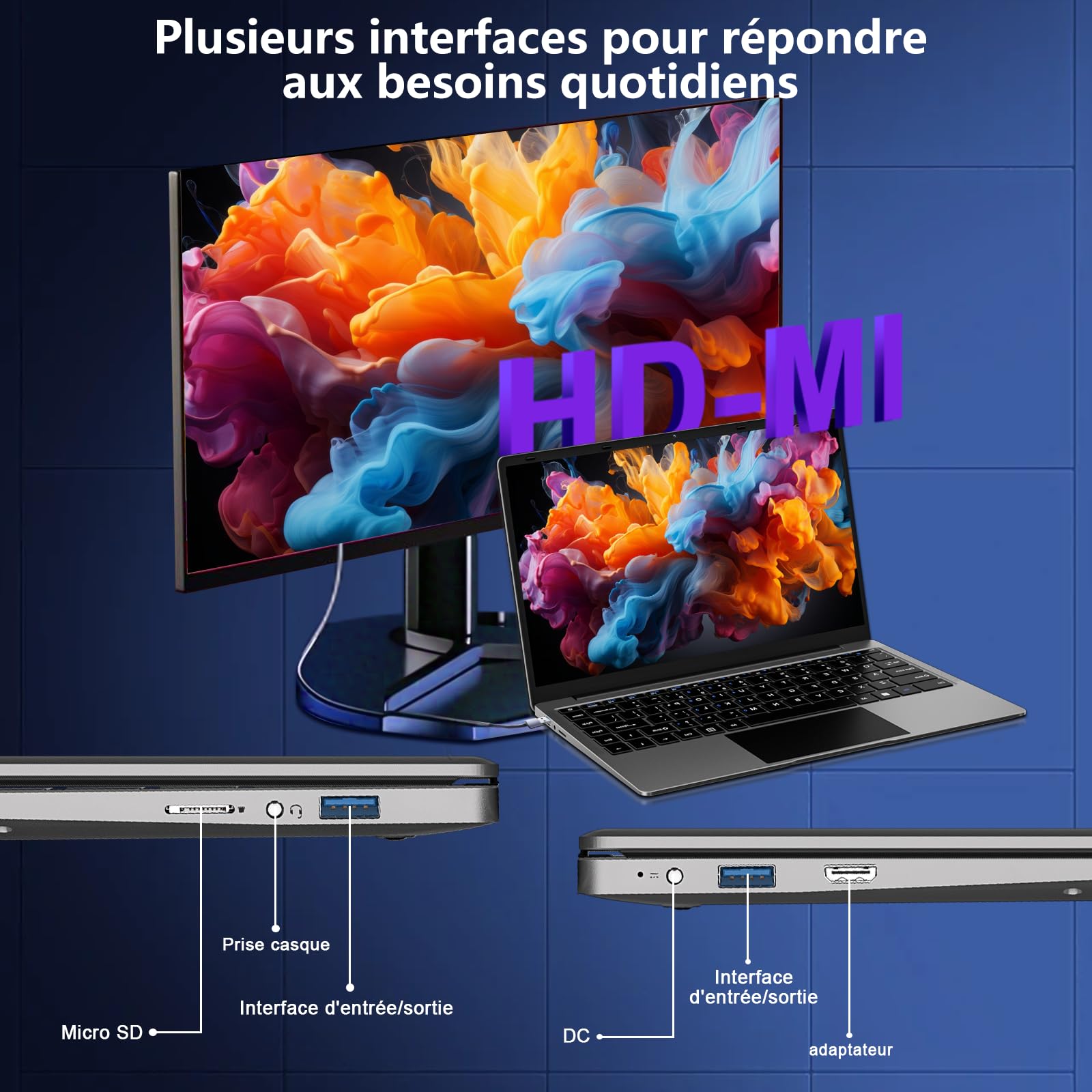 bvate Ordinateur PC Portable 14 Pouces 8+256Go Win11 Celeron N4020 Support 1 to SSD Expansion 2.4G+5G WiFi Bluetooth 4.2 USB HDMI 1920 x 1080 FHD Membrane de Clavier AZERTY - Argent-005