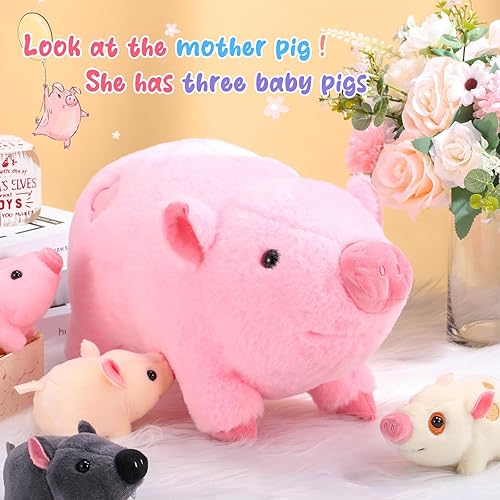 Miniatura 4 de Honoson Cerdo de peluche con bebés, juego de peluche suave para niños pequeños, mamá cerdo de peluche con 4 lechones magnéticos de peluche para