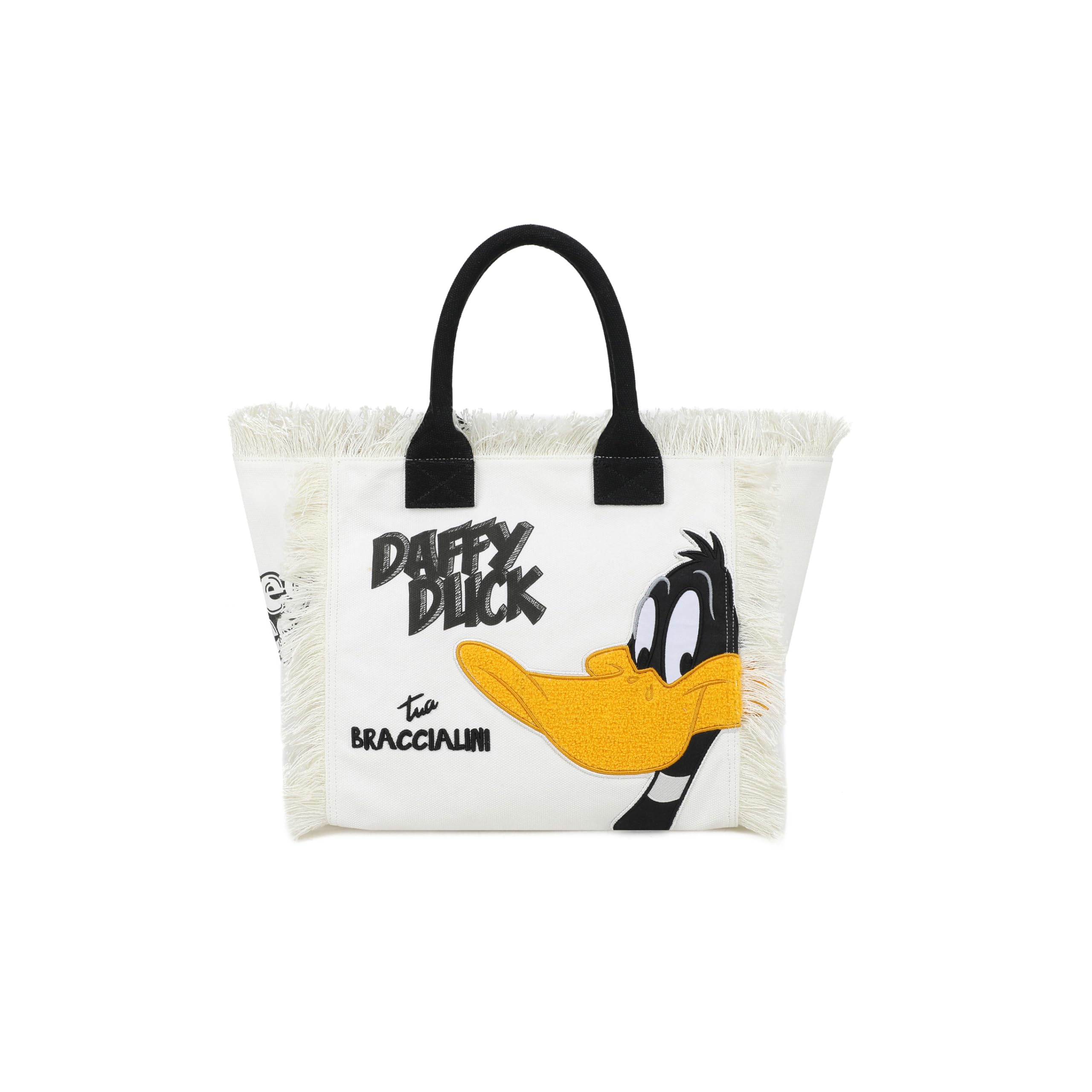 Braccialini Summer Special Lt Realizzata in resistente tessuto canvas, questa borsa mare è caratterizzata da un look ironico e deciso grazie alla maxi-applicazione in tessuto e ricamo di Daffy Duck. I