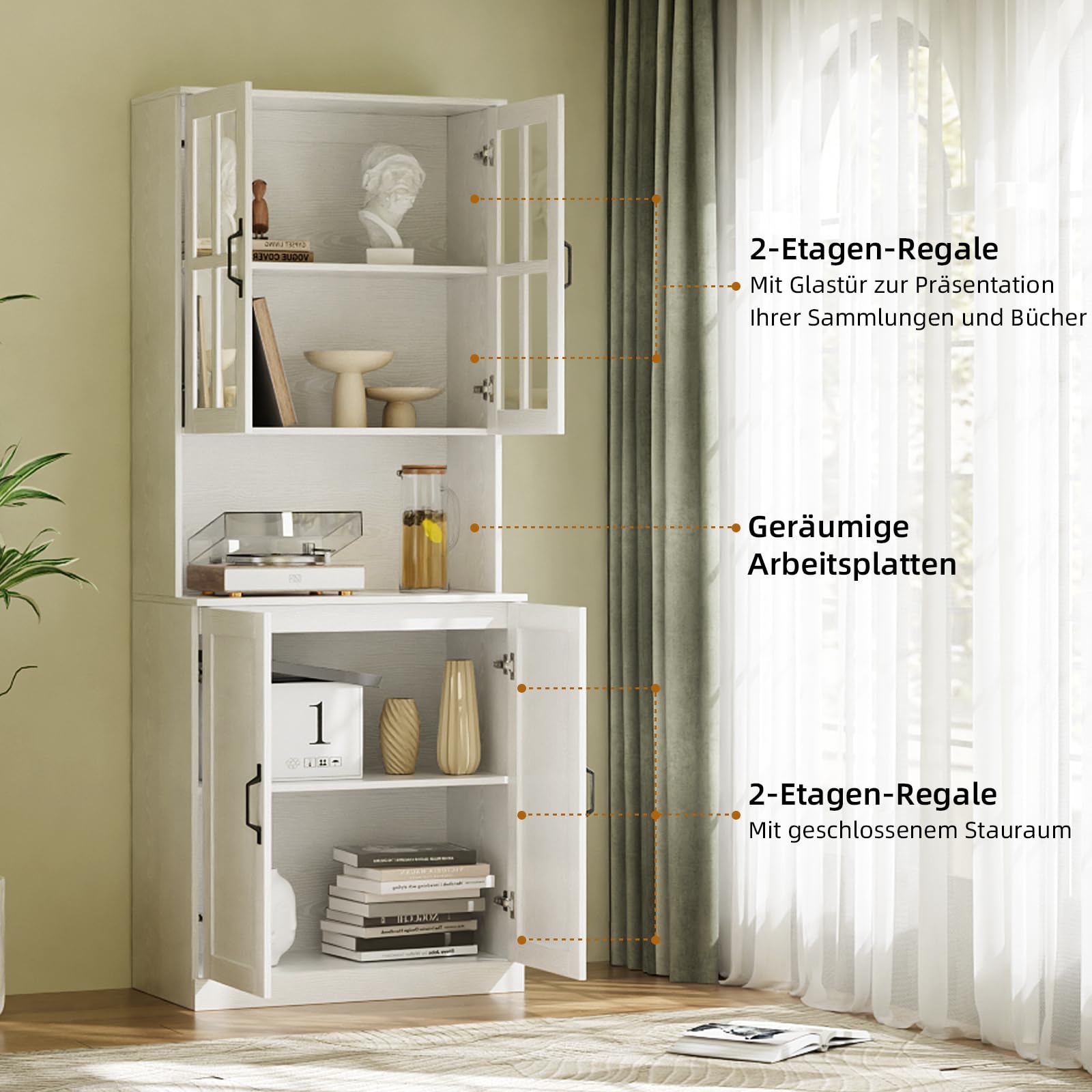 VOWNER Bücherregal mit Glastüren und offenem Fach, 180 cm Hochschrank, 5 Ebenen Bücherschrank, Standregal Vitrinenschrank, Buffetschrank mit Arbeitsplatte, 60x40x180 cm, für Wohnzimmer, Büro (3PCS)