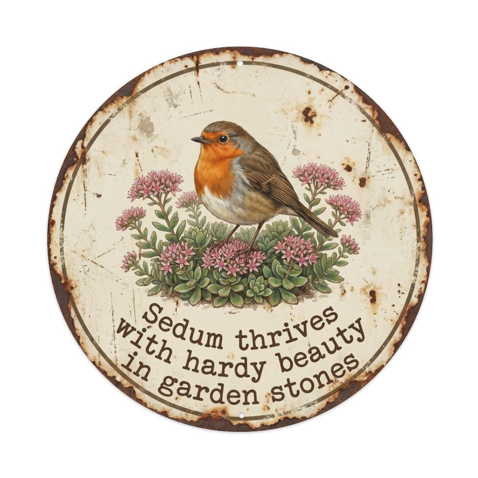 Robin Bird Garden Quote Sedum CircleMetal Tin Sign