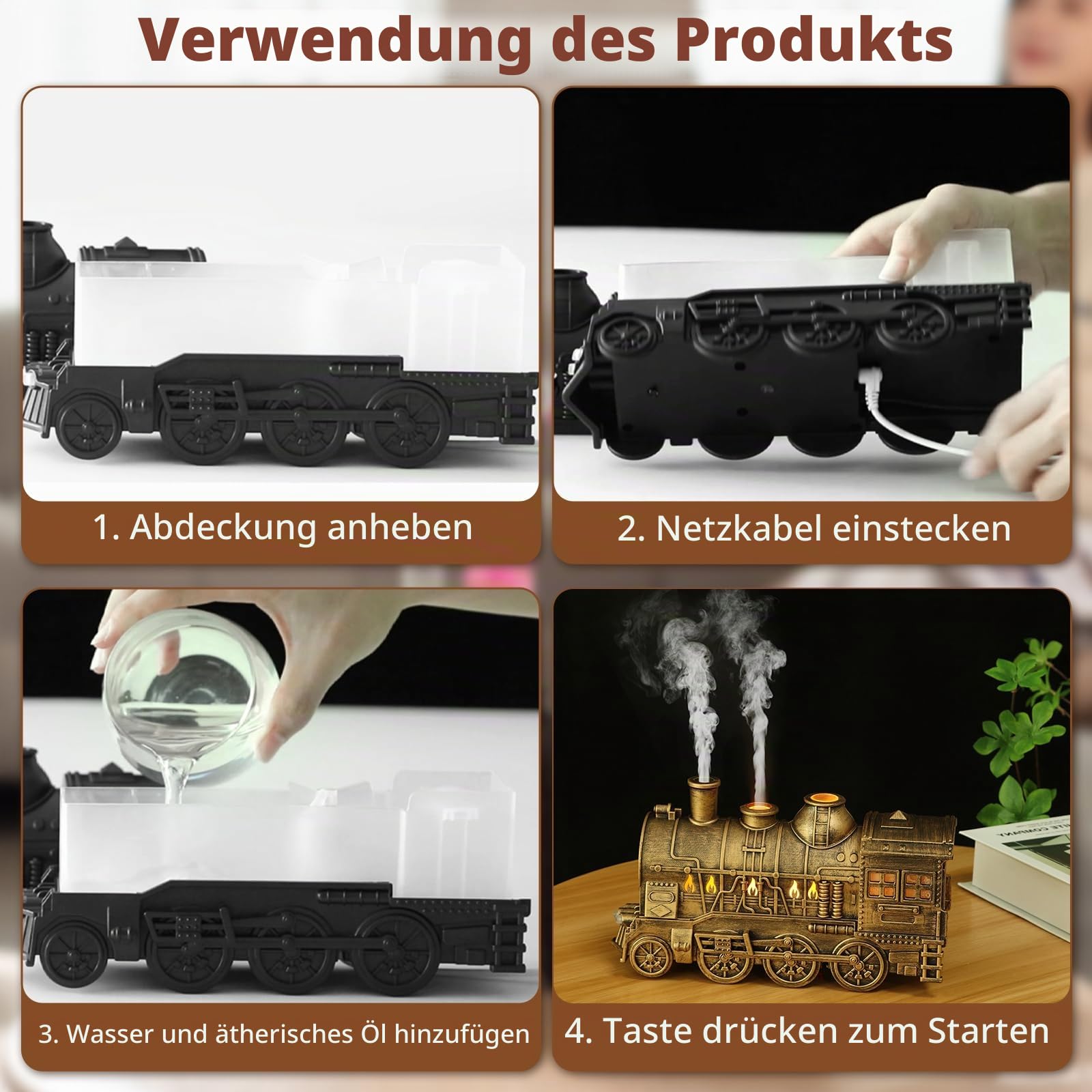 Aroma Diffuser für Duftöle,Perfume Diffuser,Luftbefeuchter, Zugdiffusoren für ätherische Ö-le(Nicht enthalten),Lokomotiven Luftbefeuchter mit Fernbedienung,für Schlafzimmer,Wohnzimmer (Farbe Bronze)