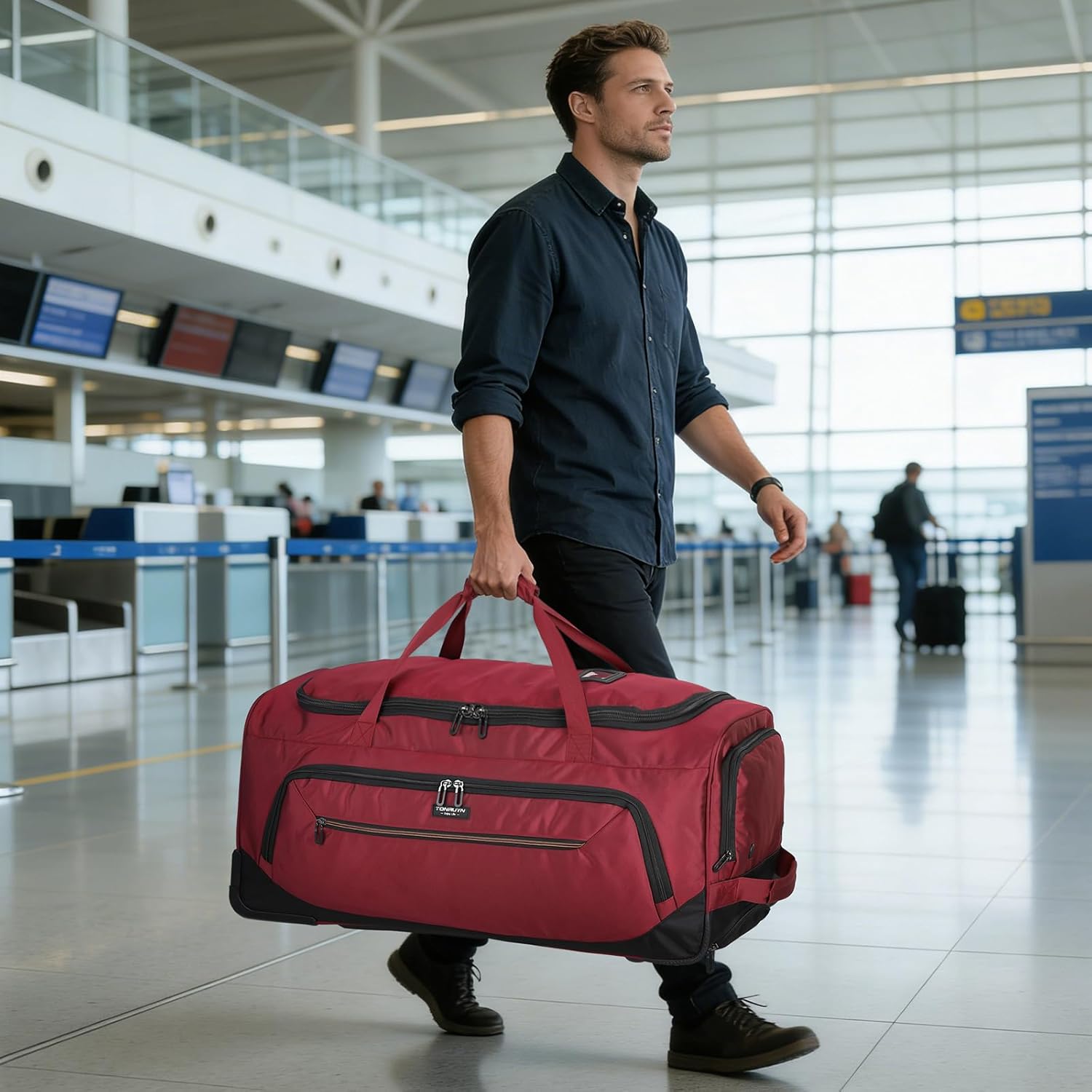 Large Rolling Duffle Bag with Wheels and Handle 85L 29 inch Travel Duffel Bag for Men Women with Shoe Compartment & Wet Pocket, 2 Wheeled Checked Luggage for Business Travel Long Trips, Red