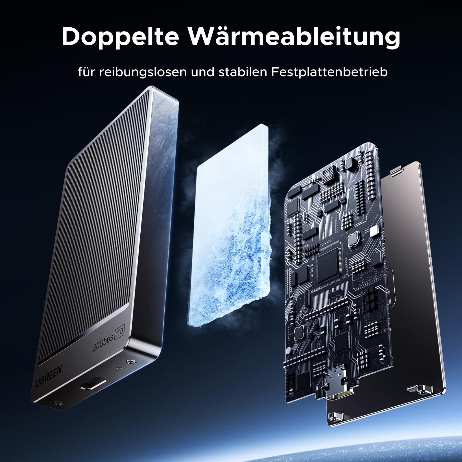 UGREEN Extreme Portable SSD 1 TB, 2.000 MB/s Lesen, 2.000 MB/s Schreiben, USB 3.2 Gen.2x2, Externe Festplatte für Mac, PC, Smartphone, Kamera und MU-PG1T0B/EU