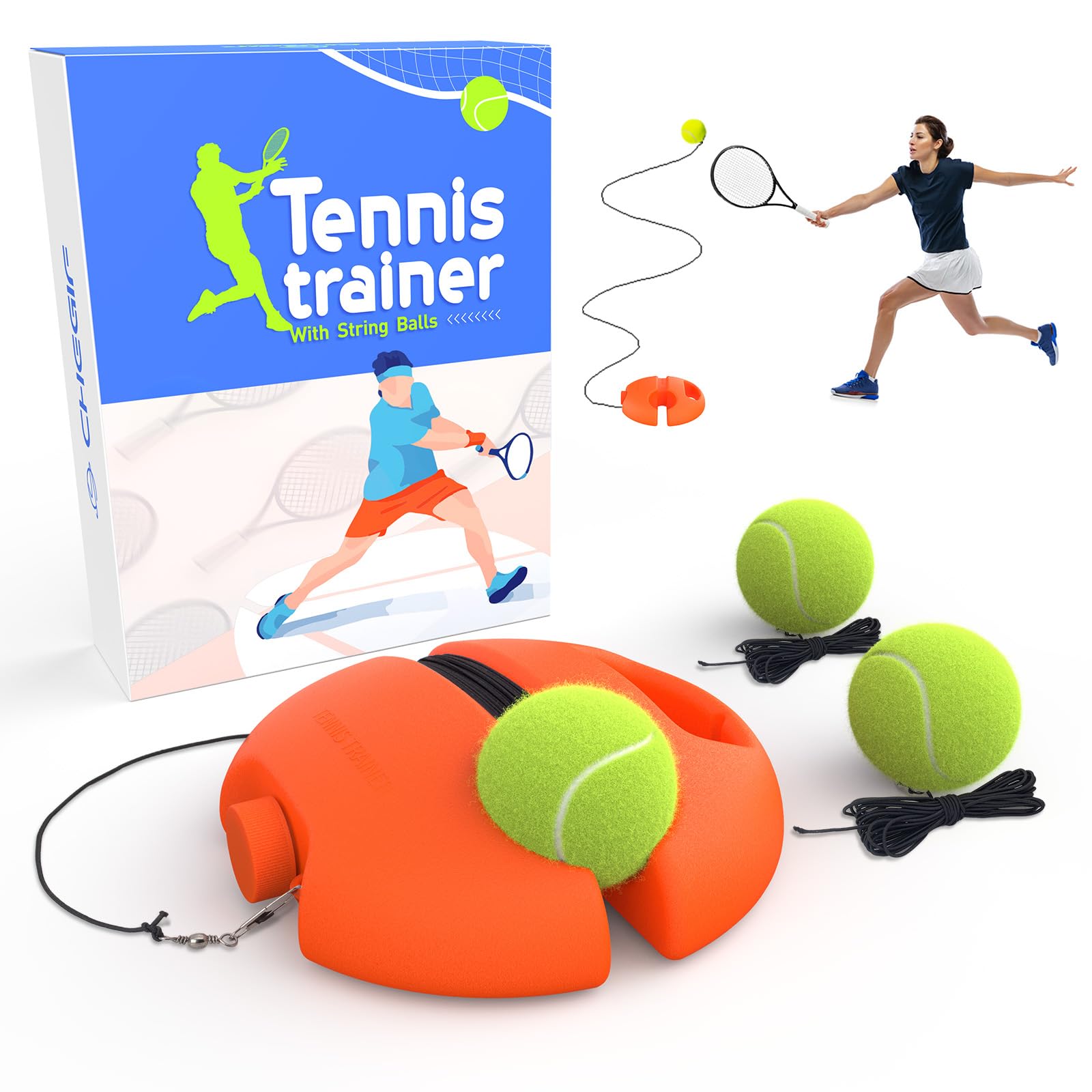 CHEGIF Tennis Trainer Rebound Ball with 3 String Balls, Portable Tennis Training Tool Suitable for Beginners Sport Exercise-Blue (Orange) — image 1
