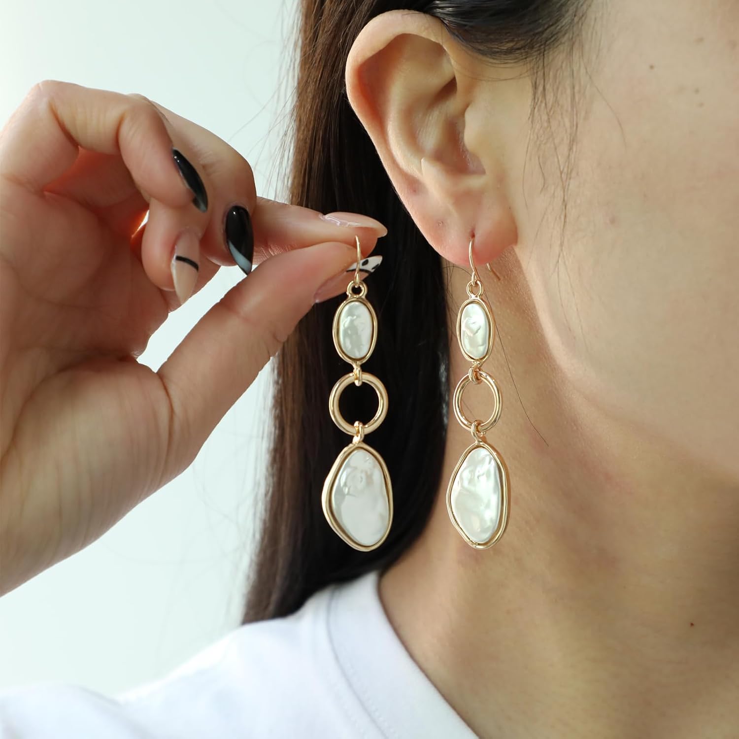 Elegant Pearl Drop Earrings, Gold Plated White Mother of Pearl Dangle Earrings for Women - Image 4
