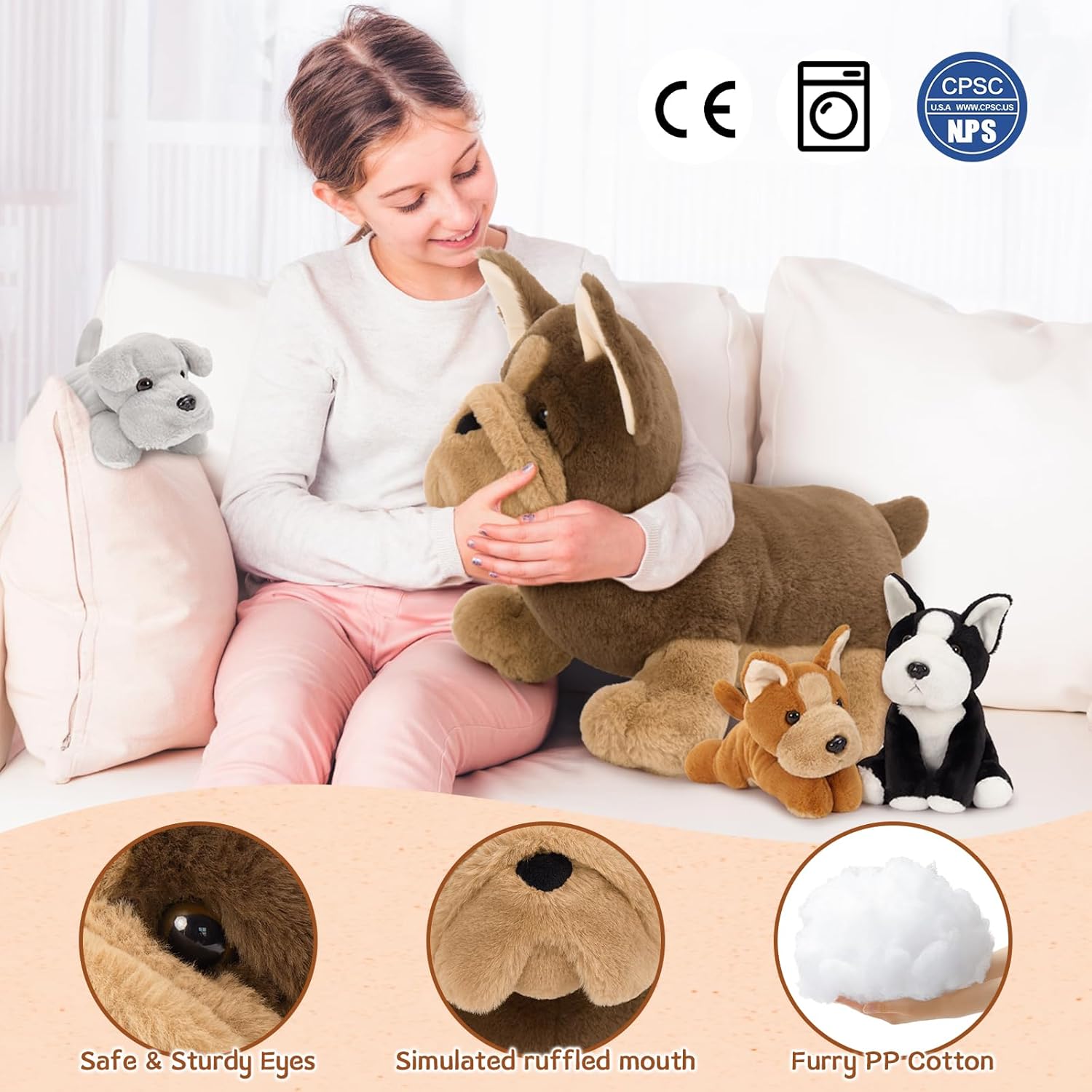 MorisMos French Bulldog Stuffed Animal with Babies,18'' Mommy Stuffed Dog Push with Puppy Toys for Kids,4Pcs Realistic French Bulldog Toys for Girl Boy,Pug Toy Gift for Birthday Christmas