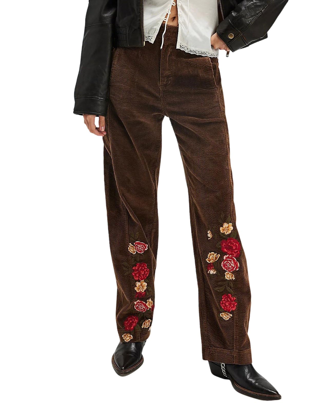 loveimgs Women Comfy Corduroy Pants Wide Leg Fall Pants 2025 Retro Embroidered Mid Rise Barrel Sweatpants Pull On