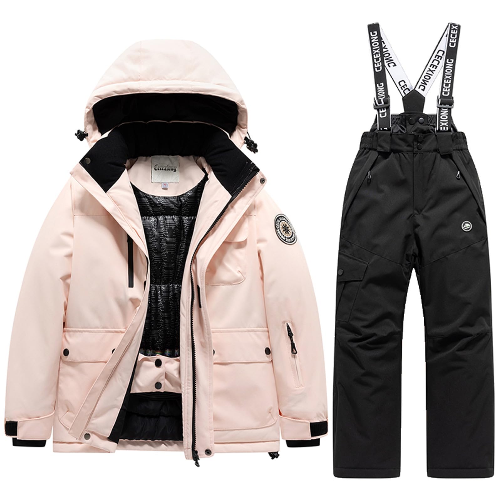Combinaison de neige Garçons Filles Hiver Ensemble de Ski avec Combinaison d'extérieur softshell et Neige Bavoir Pantalon-Épaissi-Couleur Unie Ensembles de Neige Veste pour 3-14 Ans