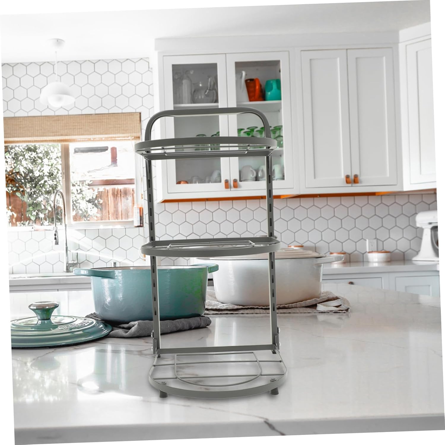 TEHAUX Foldable Carbon Steel Pot Rack Organizer Cabinet and Countertop Pan Storage Rack Kitchen Storage for Pots Pans and Spice Bottles