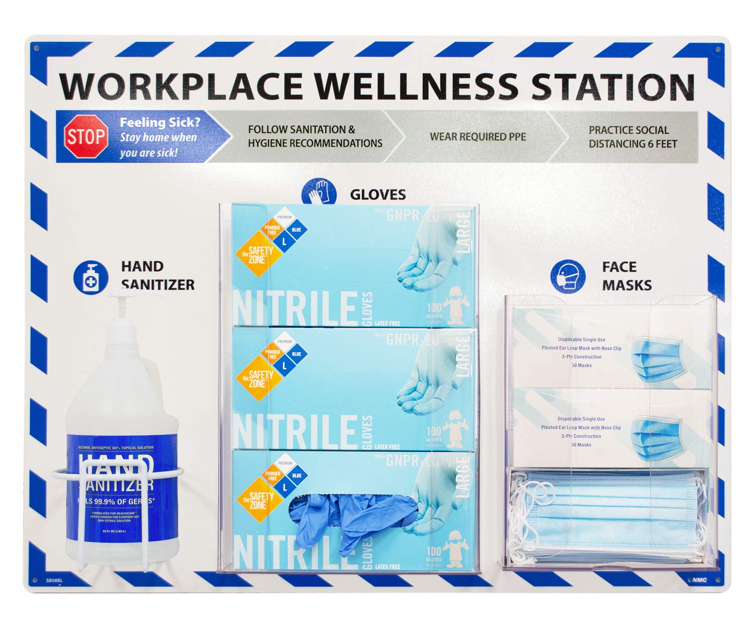 NMC SB08BL Workplace Wellness Station, plástico rígido de 24 x 30, azul con un estante de botella de alambre y dos expositores acrílicos