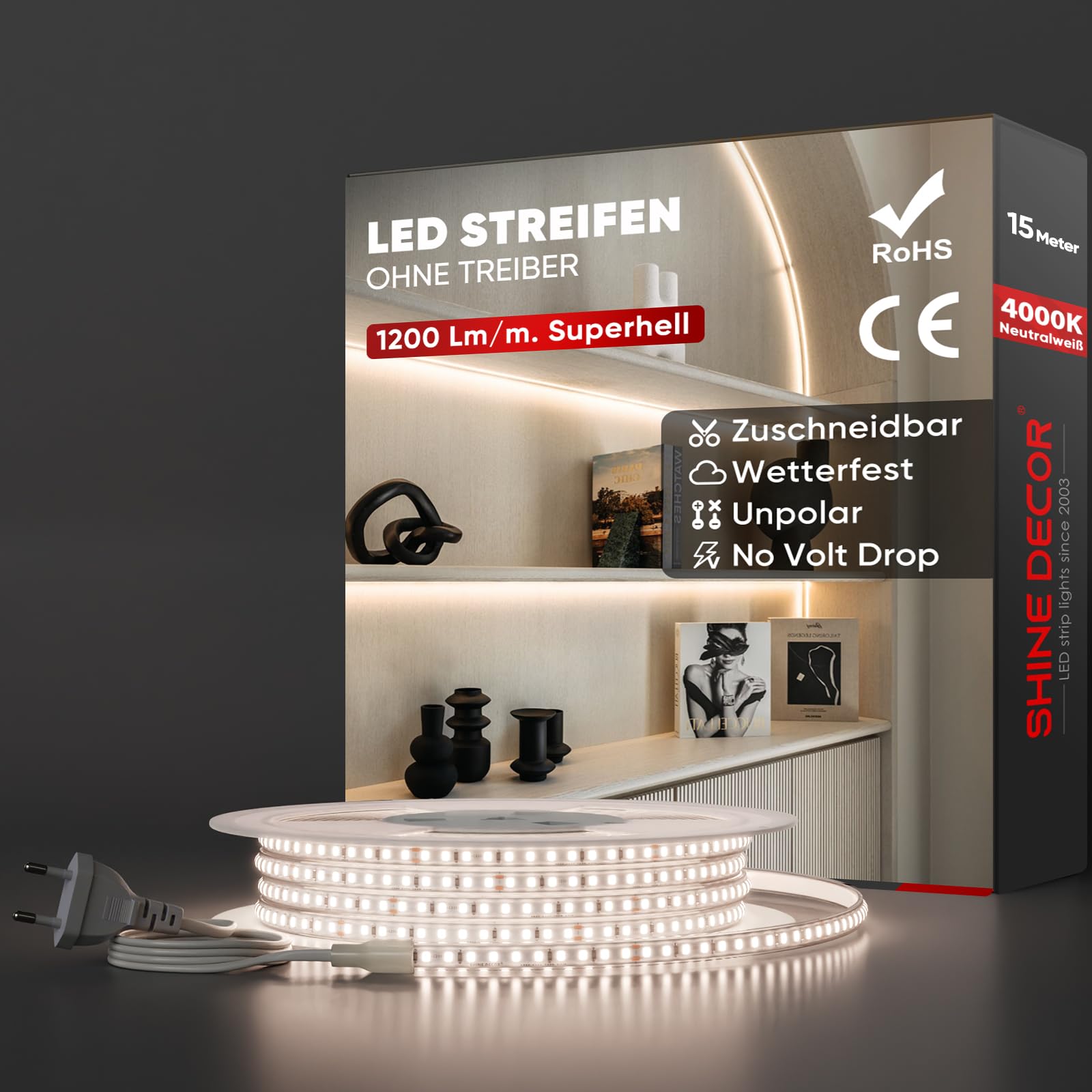 Shine Decor LED Streifen, AC 220V 230V IP65 Wasserdicht LED Band, SMD 2835 120 leds/m Ultrahohe Helligkeit Lichtleiste für Home Decoration Küche Garten LED Beleuchtung