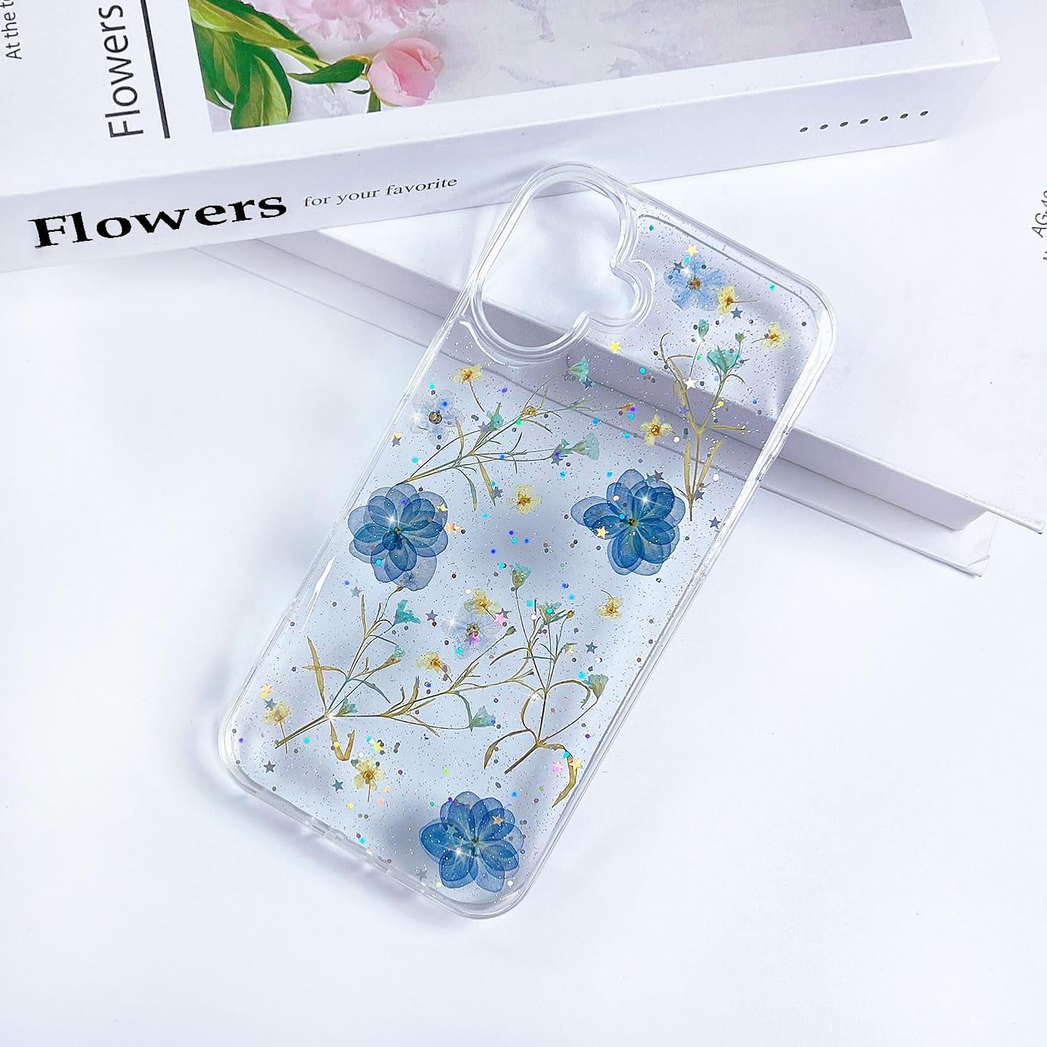 for iPhone 16 Floral Case Clear with Real Pressed Violet Blue Flowers Design Cute Bling Glitter Sparkle Slim Soft TPU Transparent Protective Women Girl's Girly Phone Cover Shell - Image 5