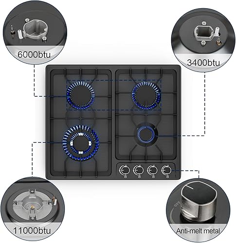 Miniatura 4 de FVBADE Placa de cocina de gas de 24 pulgadas con 4 quemadores, estufa de gas integrada de acero inoxidable con conversión NG/LPG de combustible dual