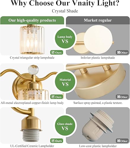 Miniatura 5 de Lámpara de tocador de baño de 3 luces, luces de tocador de cristal dorado para baño, lámpara de baño con pantalla de cristal transparente, moderna