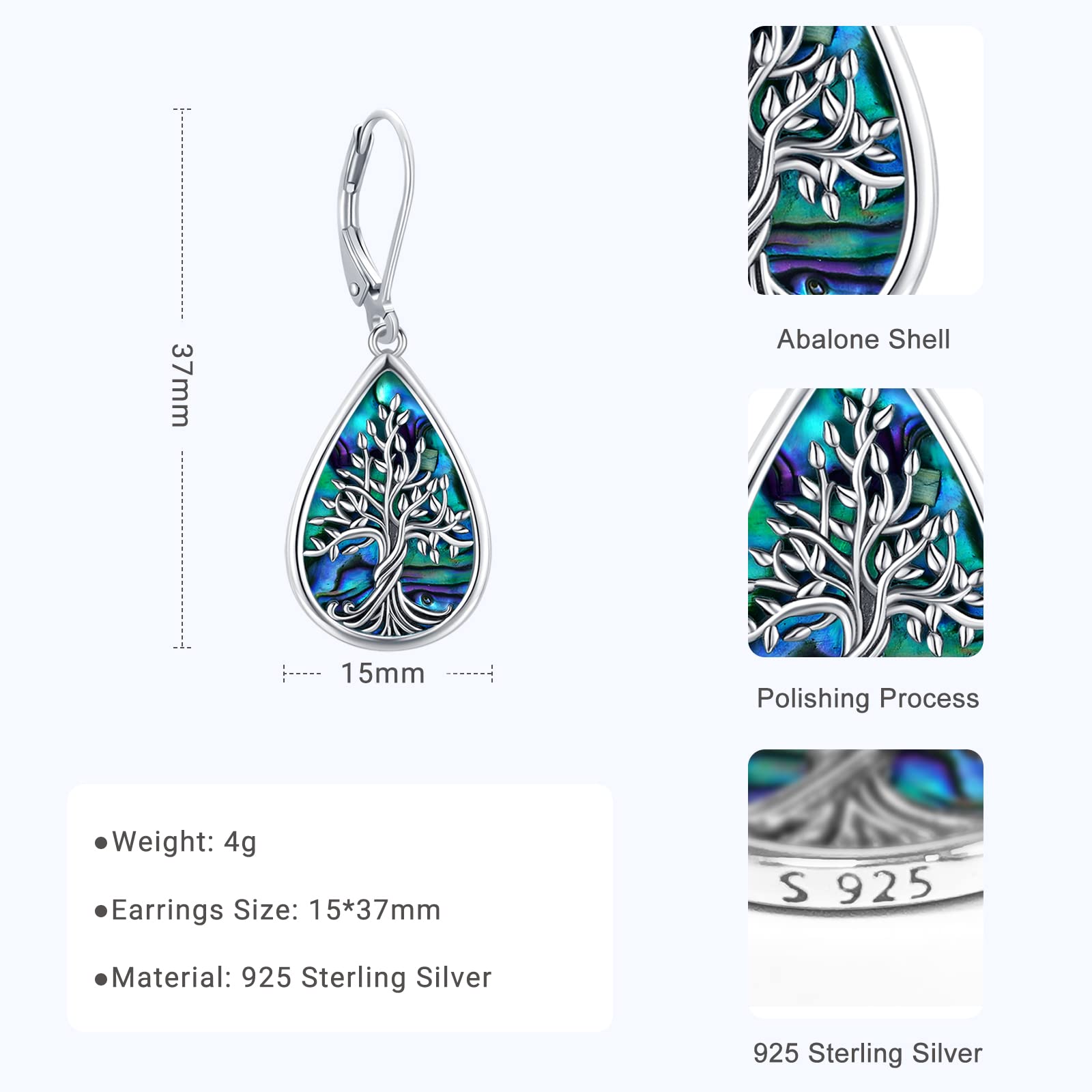 Eusense Orecchino con albero della vita Orecchini in argento 925 con conchiglia di abalone Orecchini pendenti Gioielli Regalo per donne ragazze