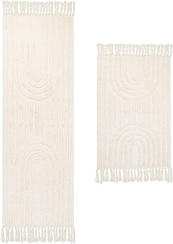 Lanffia Alfombra bohemia de pasillo de 2 x 6 2 x 3 pulgadas color beige alfombra de pasillo lavable con borlas alfombra de interior de granja para