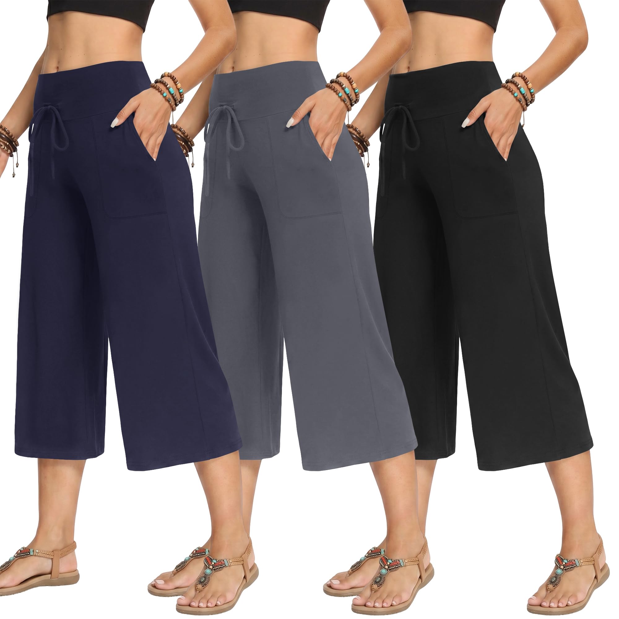 TNNZEET 3 Pack Women's Wide Leg Pants with Pockets - Casual Loose Yoga Trouser Pants Sweatpants Palazzo Lounge Pajama Pants