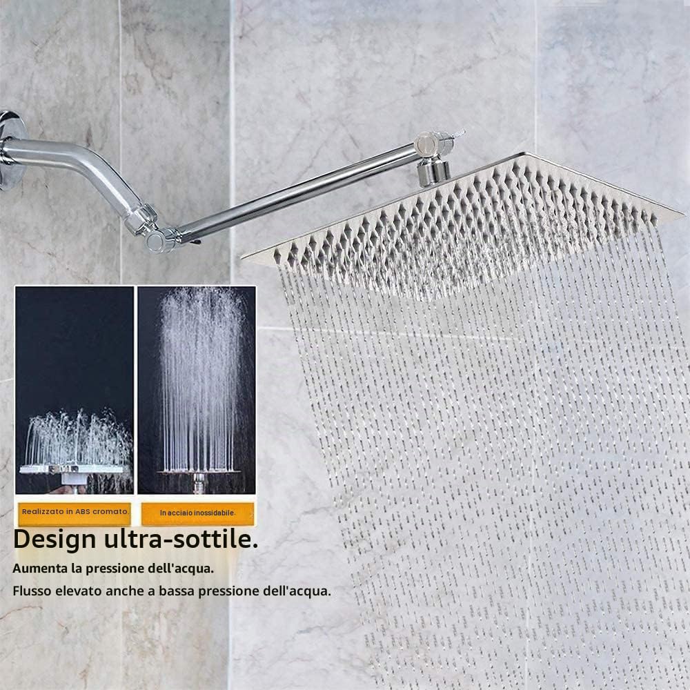 Soffione Doccia a Pioggia in Acciaio Inox, 30 x 30 CM, 12 Pollici Docce Fisso Quadrato, Acciaio, Cromo, ugello anti-otturazione
