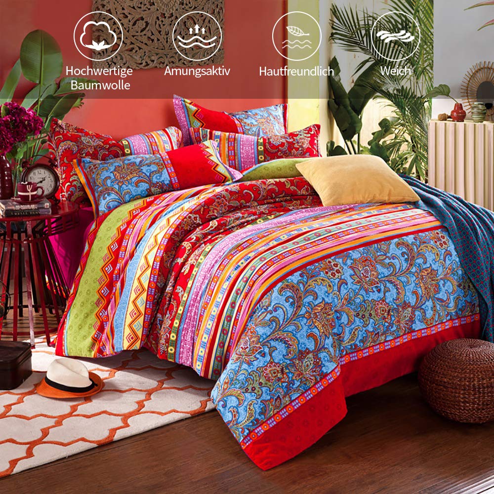 Lanqinglv 4-częściowy komplet pościeli w stylu boho, 135 x 200 cm, czerwono-niebieska, indyjska mandala, pościel dwustronna, z zamkiem błyskawicznym i poszewką na poduszkę, 80 x 80 cm (QCHX)