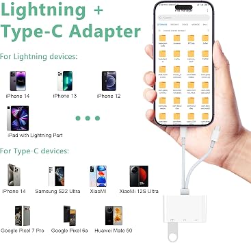 Lightning + USB C to Aux Audio Headphone Jack Adapter,Multi USB OTG Camera Adapter+3.5mm Earphone Jack+Type-C Earphone/Charge Port,Phone Splitter for iPhone 15/14/13,Samsung,iPad,Huawei,Flash Drive