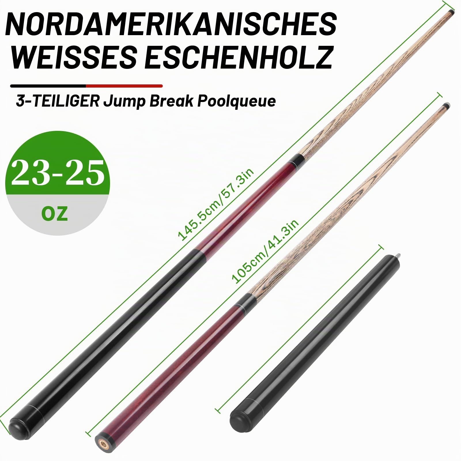 AKLOT Pool Queue, Schwerer Sprungbruch Pause Billard Queue 21/23/23~25/28oz 1 Stück Pool Stick 14mm Bakelite Tip für Explosive Breaks und Mühelose Sprünge