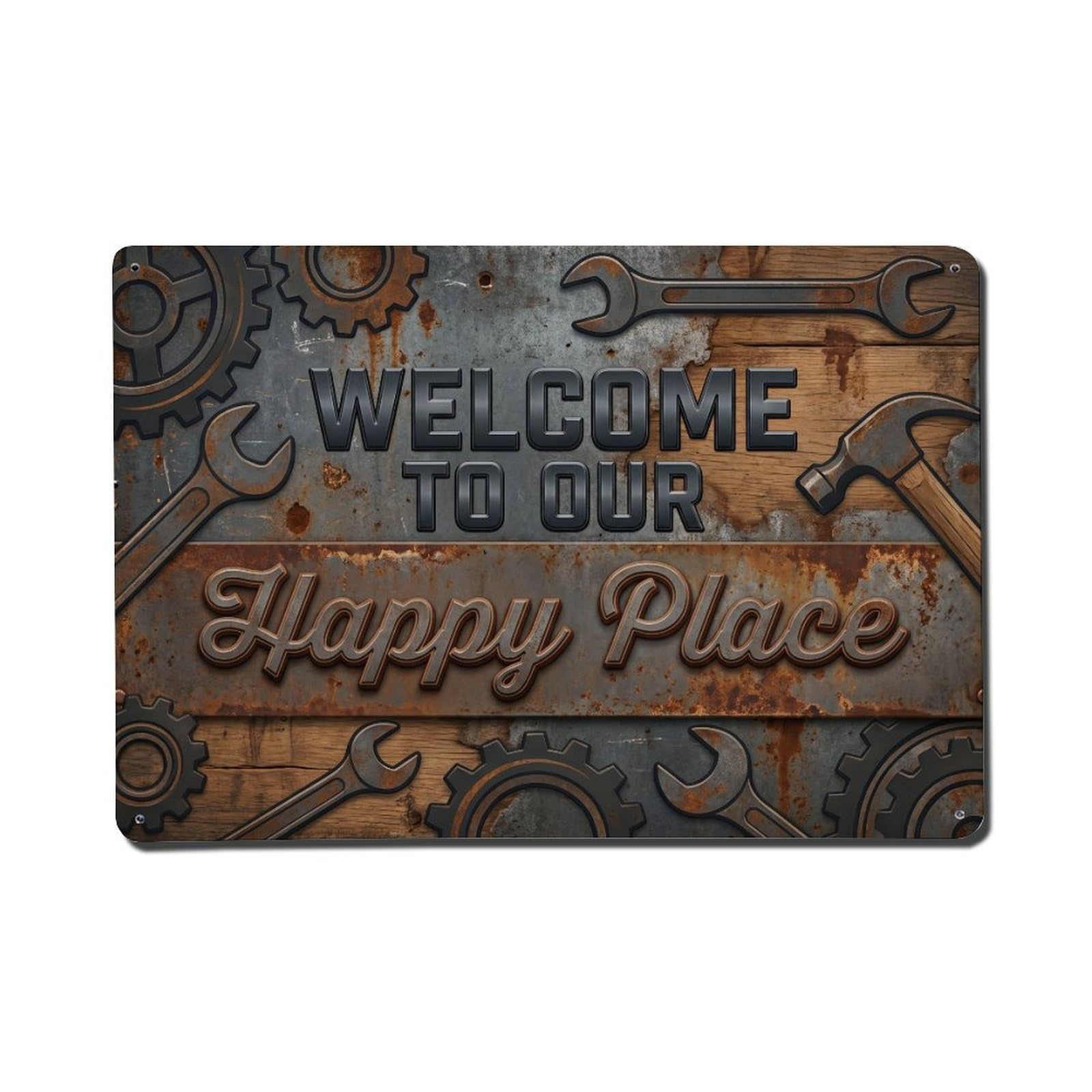 Okngb Style Allspice Leaf Welcome Happy Place Fruit Orchard Gate Metal Tin Sign Plaque Wall Decor For Cafe, Man Cave, Club Bar, Office, Home Garden Round Metal Poster 8X12inch