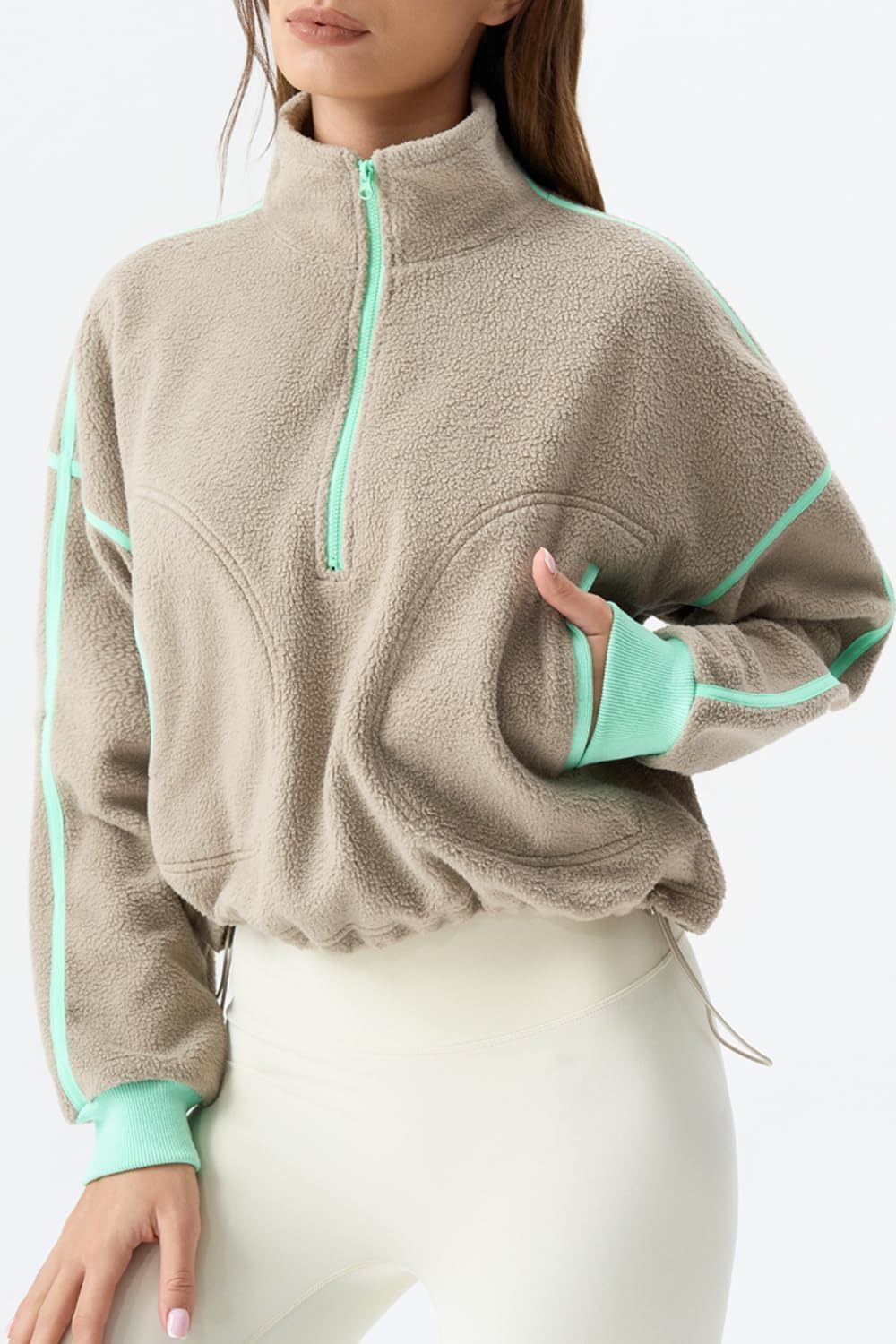 QINSEN Women's Half Zip Fleece Short Pullover Sweatshirt Winter Long Sleeve Cozy Sherpa Sweater Top - Image 2