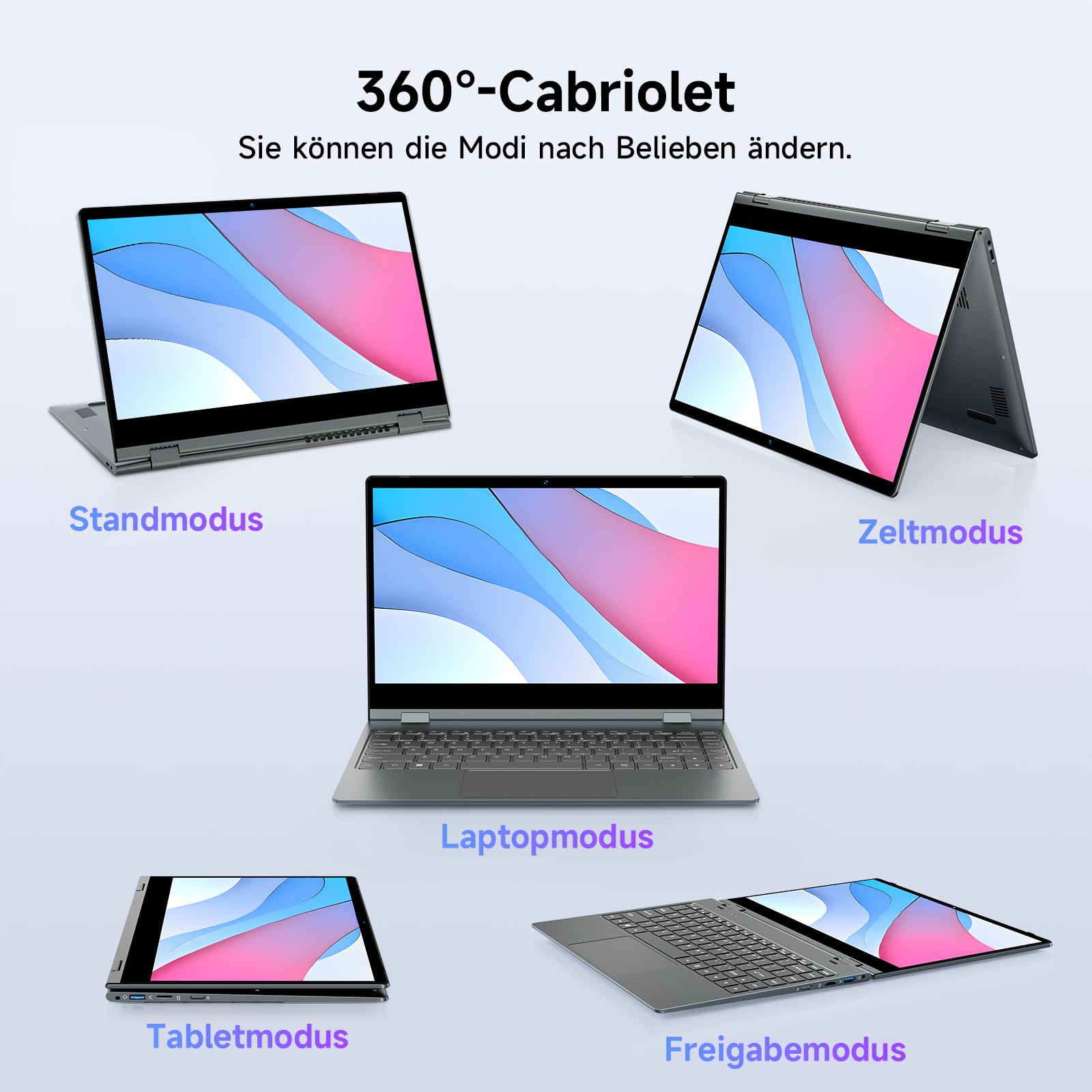 BMAX 2-in-1 Laptop Touchscreen Notebook Intel N150 up to 3.6GHz 16GB RAM 512GB SSD 14" Full HD Convertible Computer Beleuchtete Tastatur USB-C/3.2, Bluetooth, WiFi Deutsche Tastaturschutzfolie