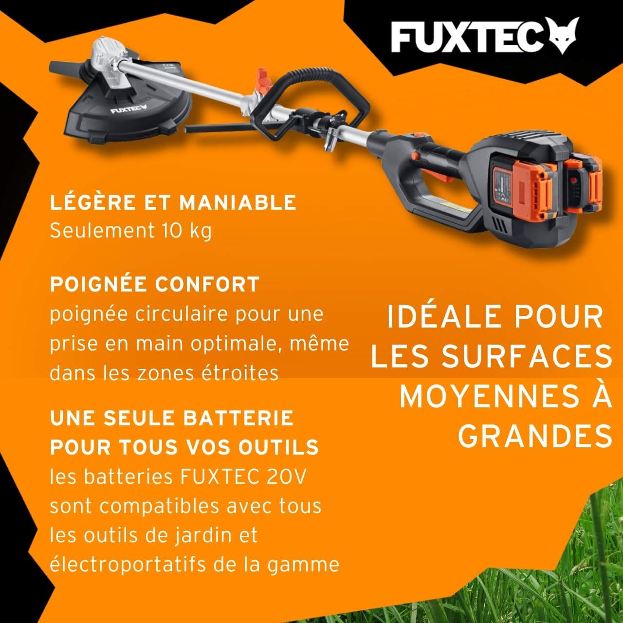 FUXTEC Débroussailleuse Batterie 2x20V FX-E2MSSET - avec Batteries Et Double Chargeur - Largeur De Coupe 25,5-35cm, Lame Et Fil, 10Kg, Jusqu'à 6000 TR/Min
