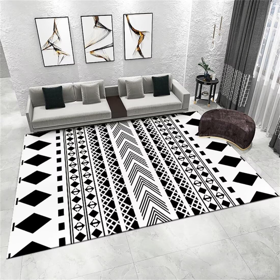Tapis lavable résistant aux taches 90x160cm noir géométrique