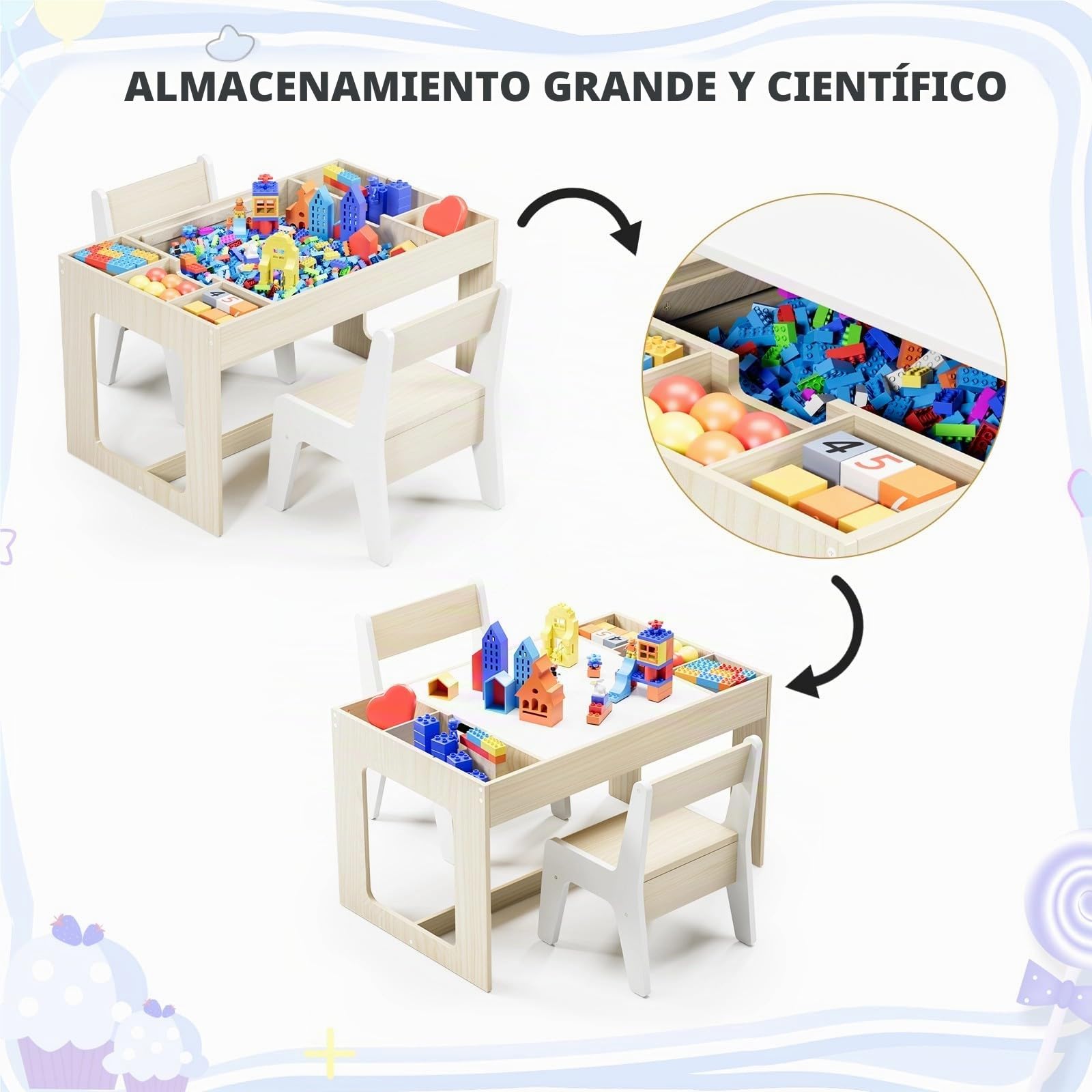 Mesa y Silla Infantil con Espacio de Almacenamiento, Mesa Infantil con 2 Sillas, Mesa Infantil con Sillas con Tablero Reversible, para Colegio, Guardería, para + 3 Años, Habitación Infantil (Blanco)