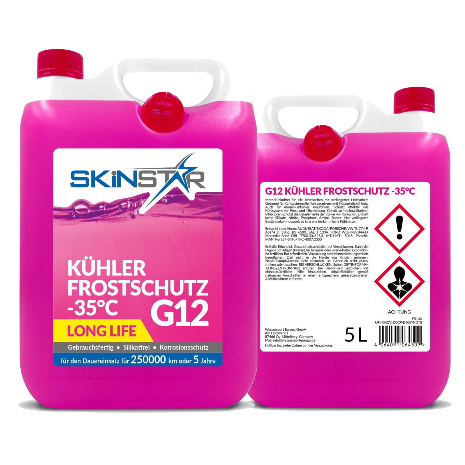 SkinStar Kühlerfrostschutz -35°C | G11 | G12 | G13 | Kühlflüssigkeit | gebrauchsfertig Kühlmittel | Antifreeze Frostschutz Auto | Autochemikalien (5l, G12)