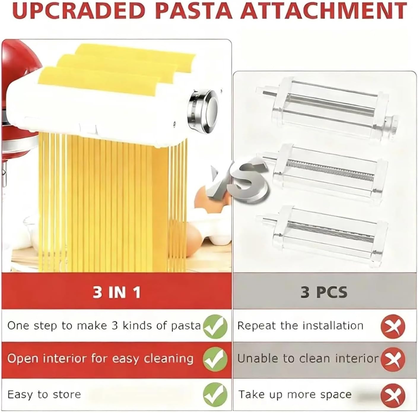 3 In 1 Set ，Compatible For All Stand Mixers Included Pasta Sheet Roller, Spaghetti Cutter, Fettuccine Maker Accessories