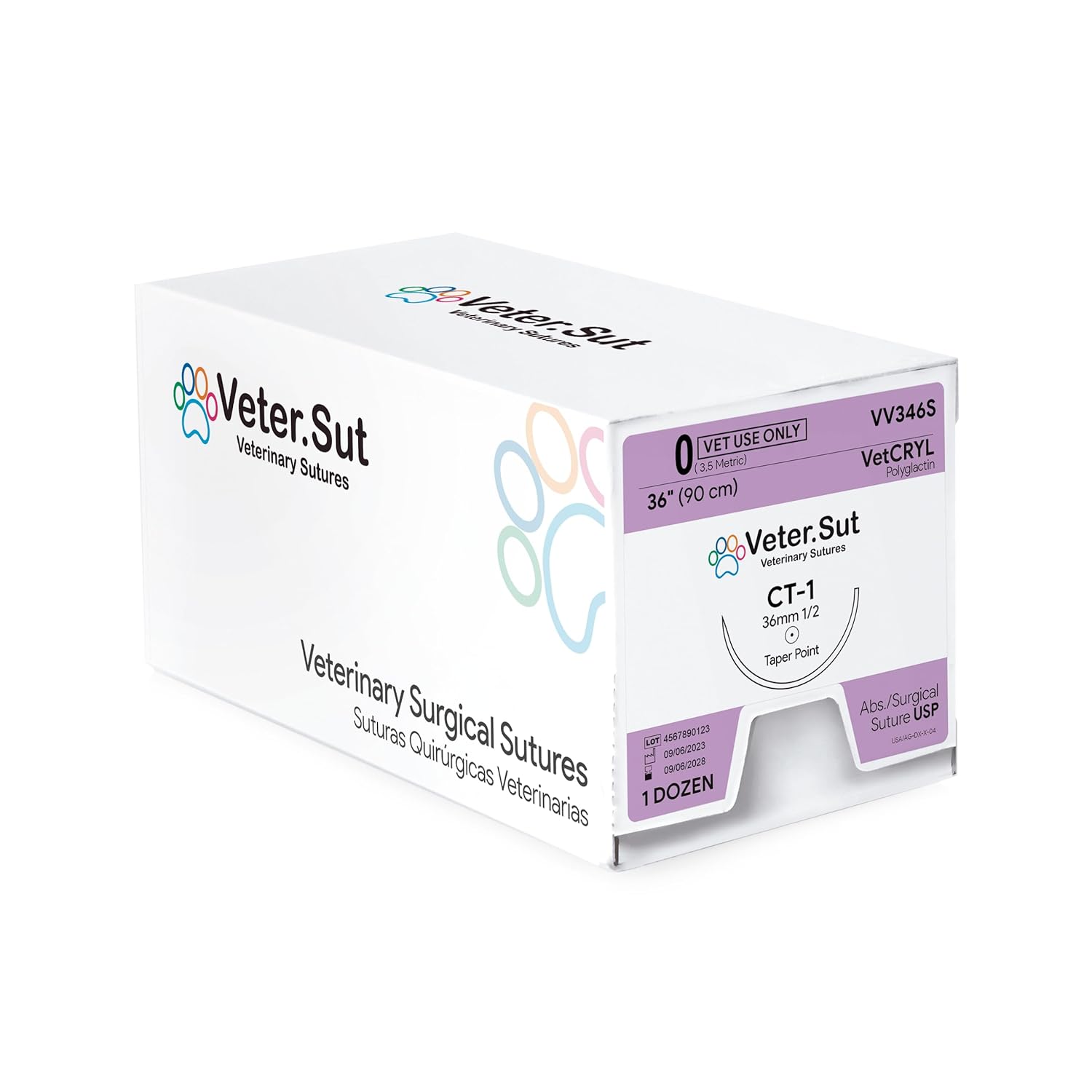 VeterSut VetCRYL Absorbable Polyglactin Surgical Suture USP Suture 0, (CT-1) 1/2 36mm Taper Point Needle, 36 Inches (90 cm), 12 Count, Veterinary Use