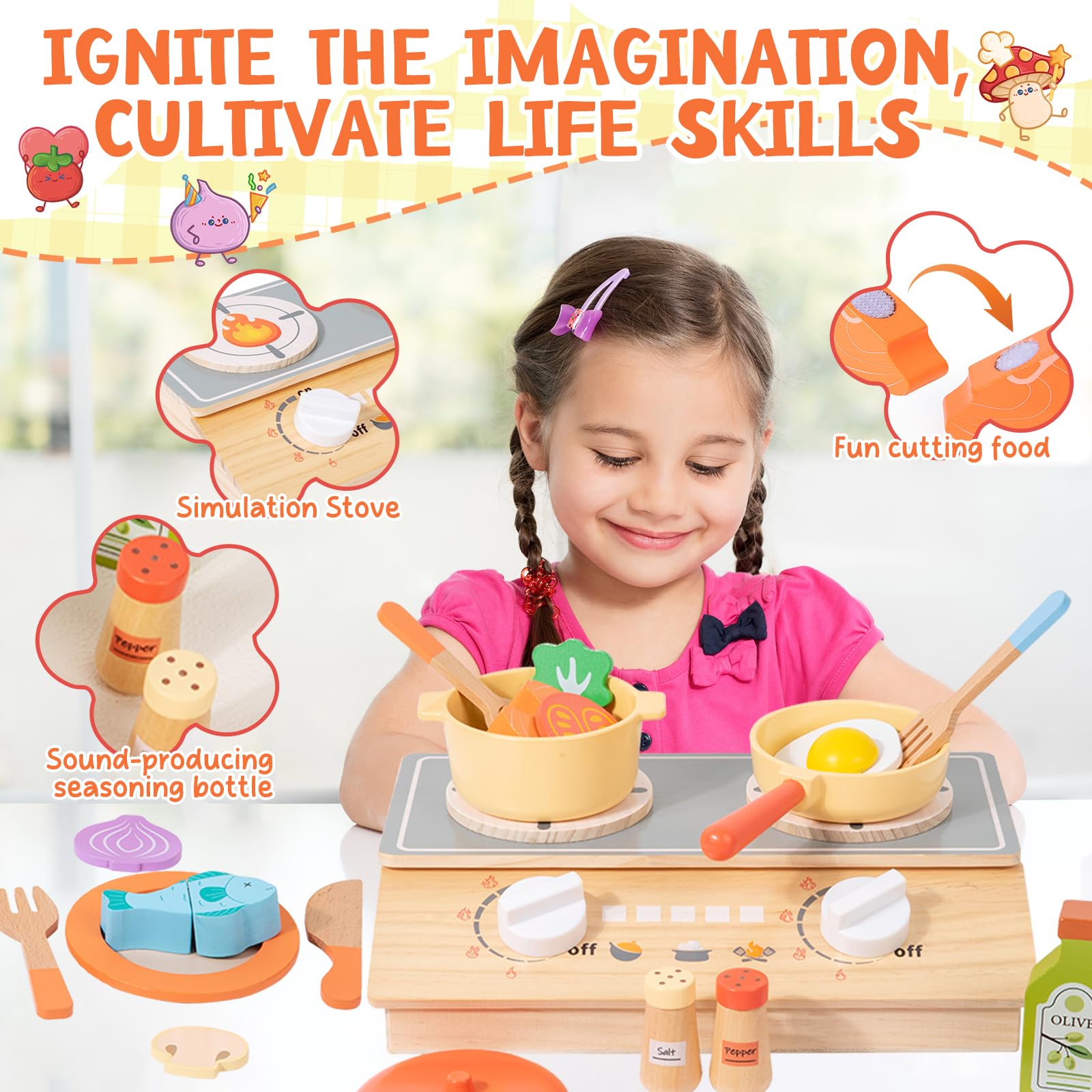 Accesorios Cocina Juguetes,Juguetes de Cocina para Niños Accesorios,Utensilios Cocina Juguete,Juego de Ollas y Sartenes,Frutas y Verduras Juguete,Cocinitas de Juguetes para Niños Niñas 3+ Años