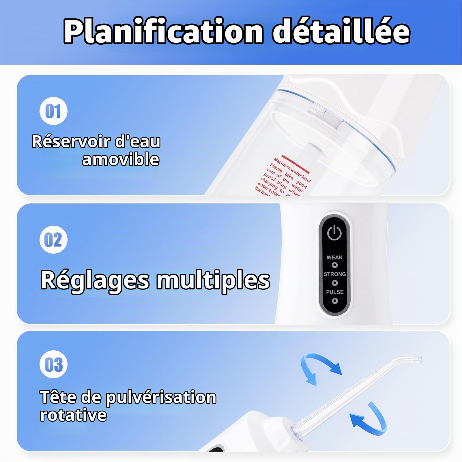 Jet Dentaire Hydropulseur Portable Sans Fil USB IPX7 4 Buses | Réservoir grande capacité, 3 modes pression, Batterie rechargeable, Nettoyage gencives, Format compact voyage