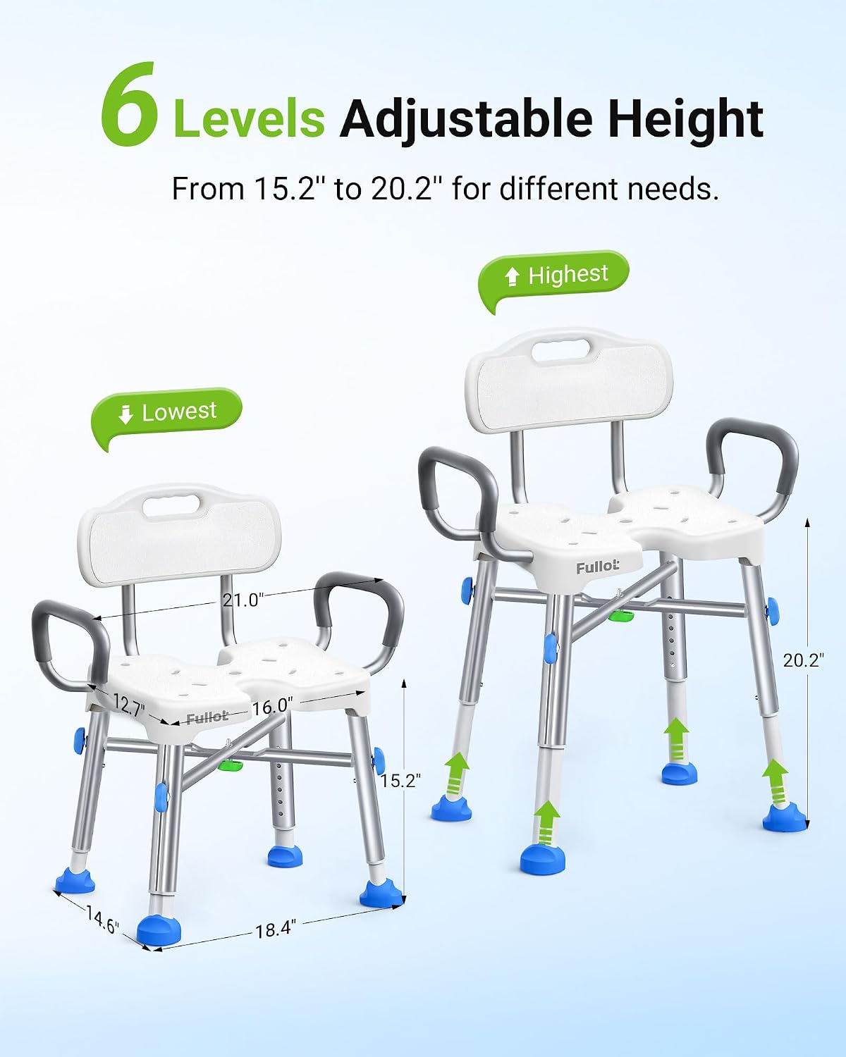 Ergonomic H-Shaped Shower Chair for Elderly and Disabled with Back & Padded Arms,500 lbs Heavy Duty Adjustable Shower Stool Seat for Easy Cleaning, Anti-Slip Bath Chairs for Bathtub